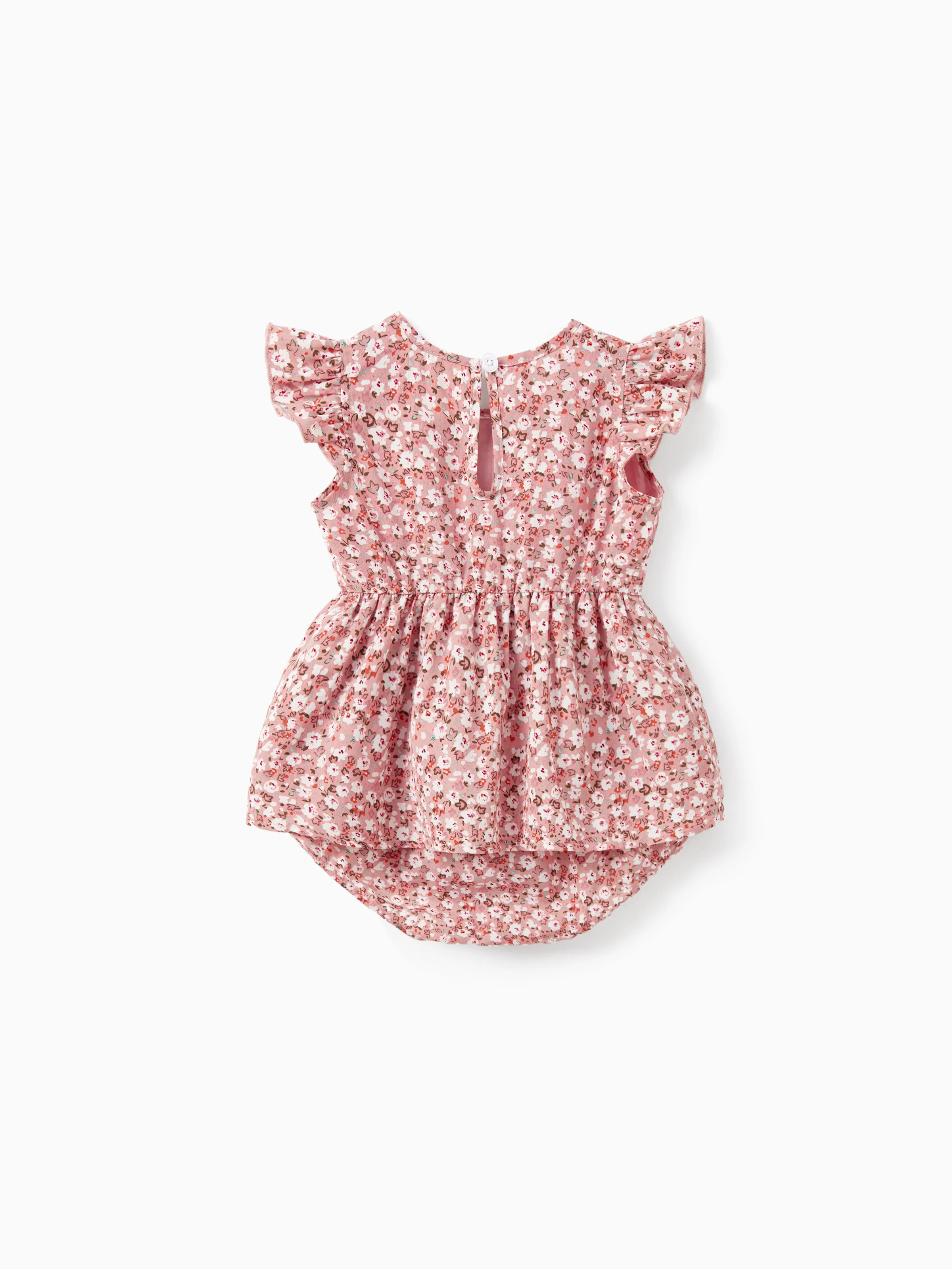 Family Matching Blue Cotton Colorblock Tee Shirt or Floral Print Smocking Puff-sleeve Dress Set  Pink - Image 12