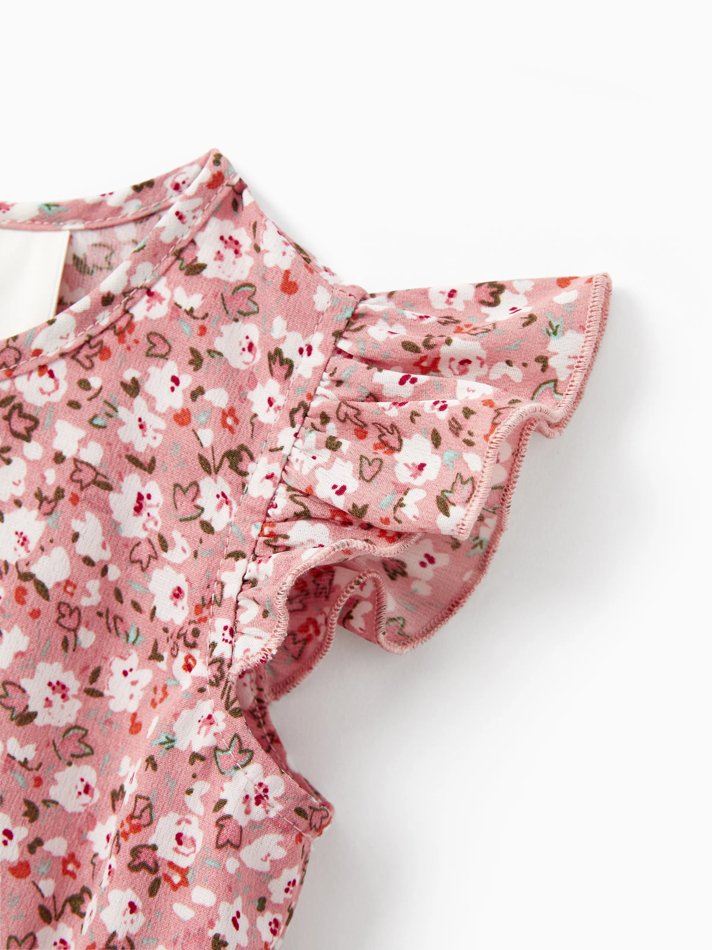 Family Matching Blue Cotton Colorblock Tee Shirt or Floral Print Smocking Puff-sleeve Dress Set  Pink - Image 14