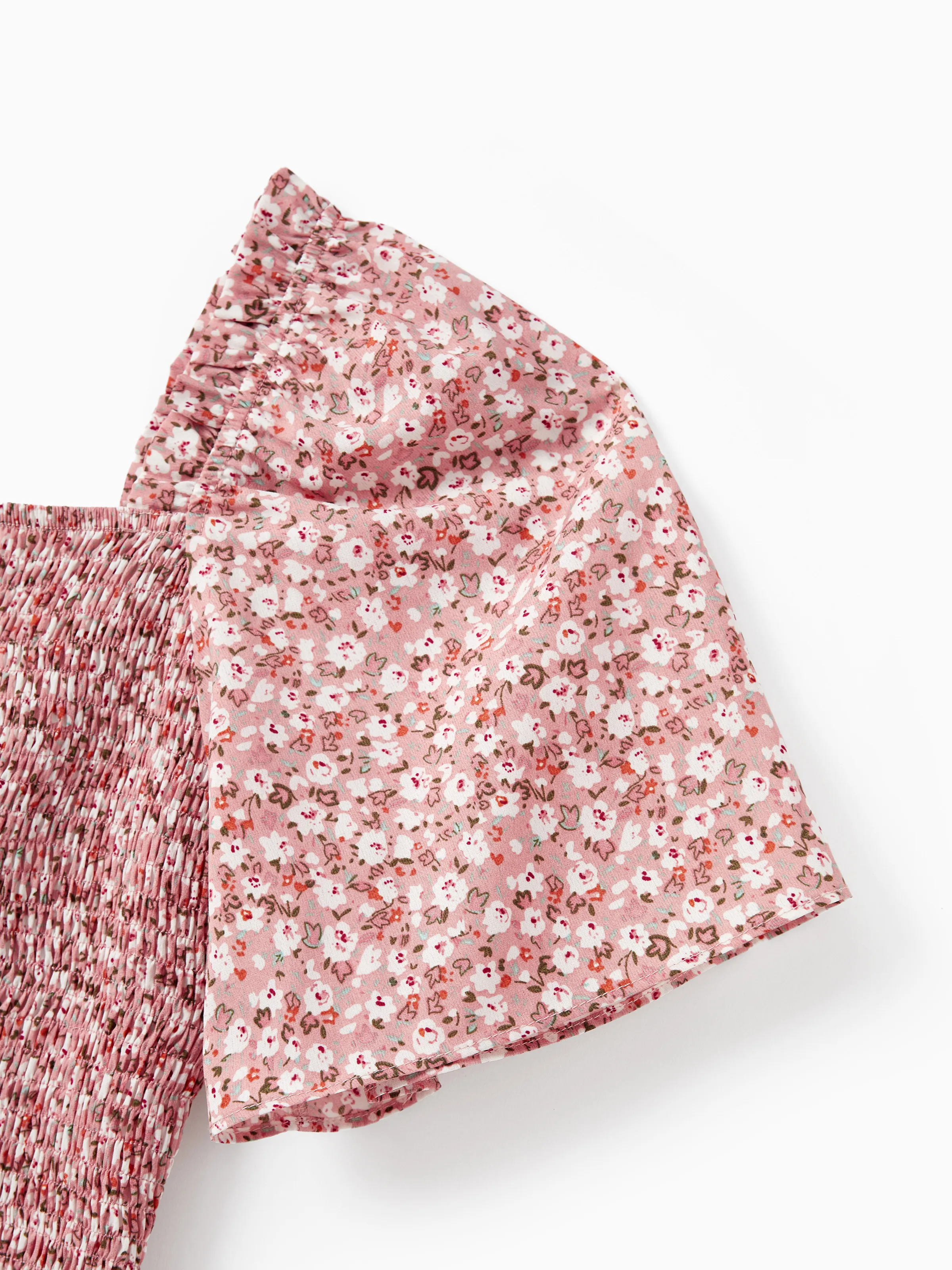 Family Matching Blue Cotton Colorblock Tee Shirt or Floral Print Smocking Puff-sleeve Dress Set  Pink - Image 4