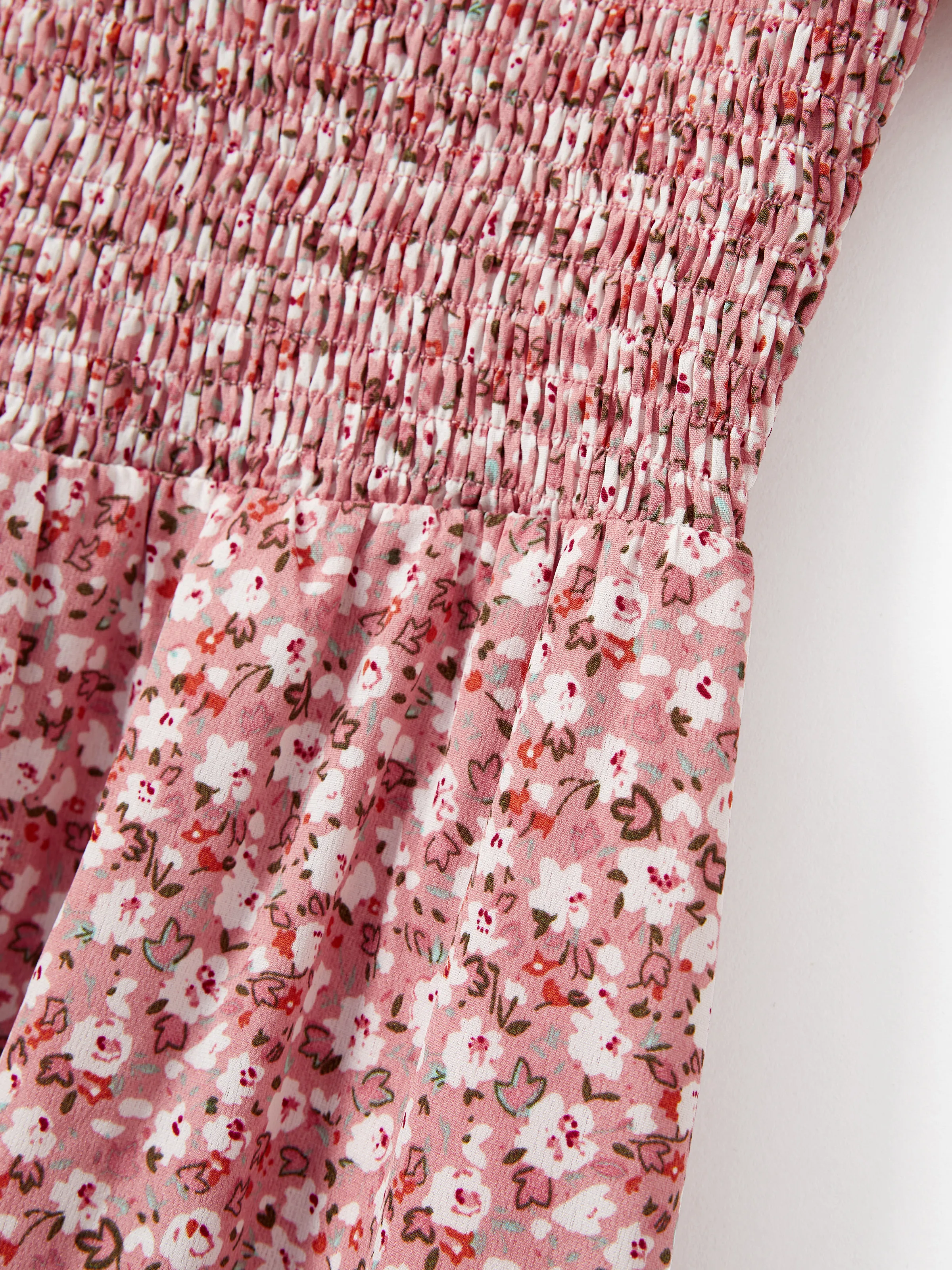 Family Matching Blue Cotton Colorblock Tee Shirt or Floral Print Smocking Puff-sleeve Dress Set  Pink - Image 5