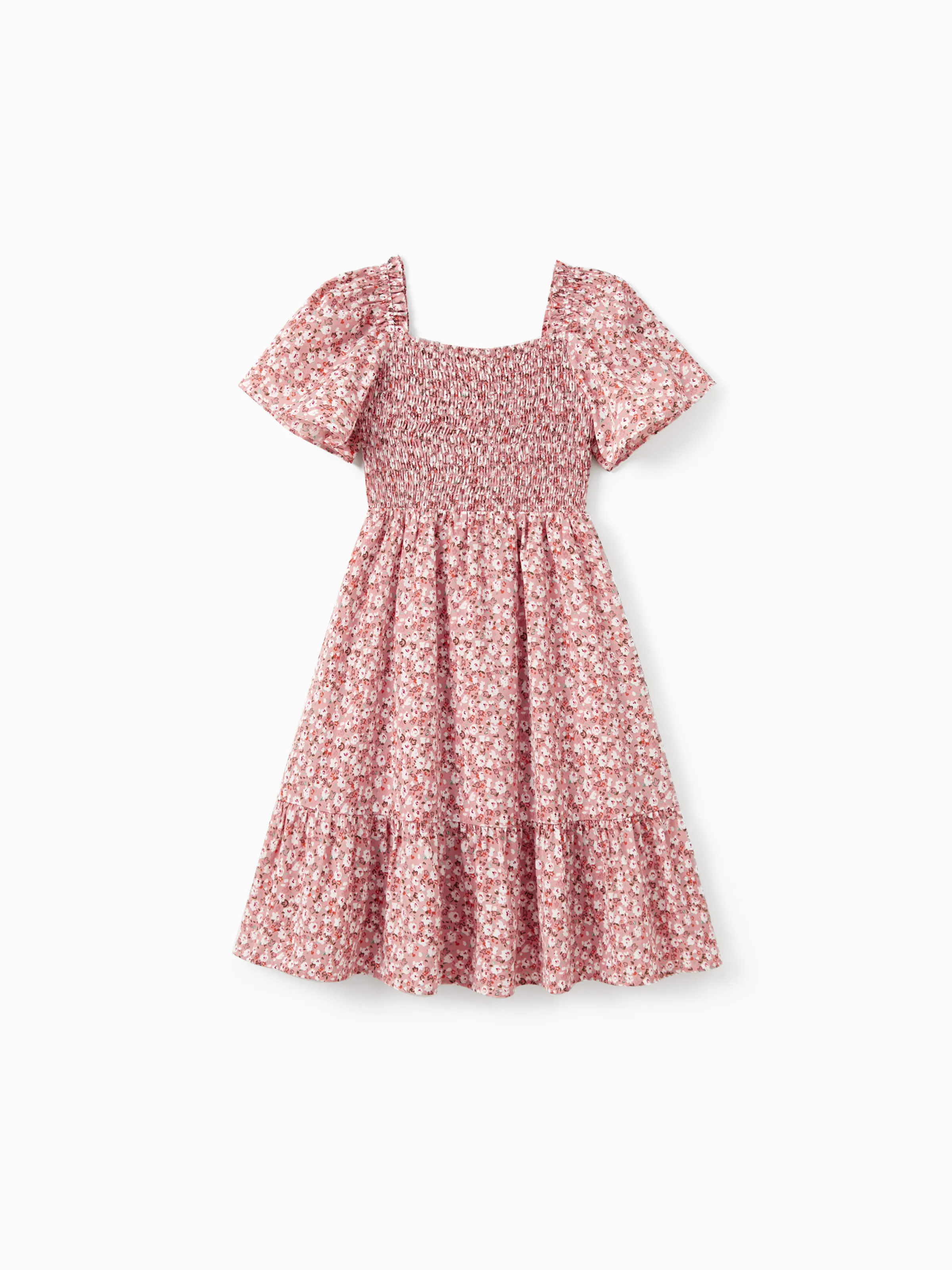 Family Matching Blue Cotton Colorblock Tee Shirt or Floral Print Smocking Puff-sleeve Dress Set  Pink - Image 6