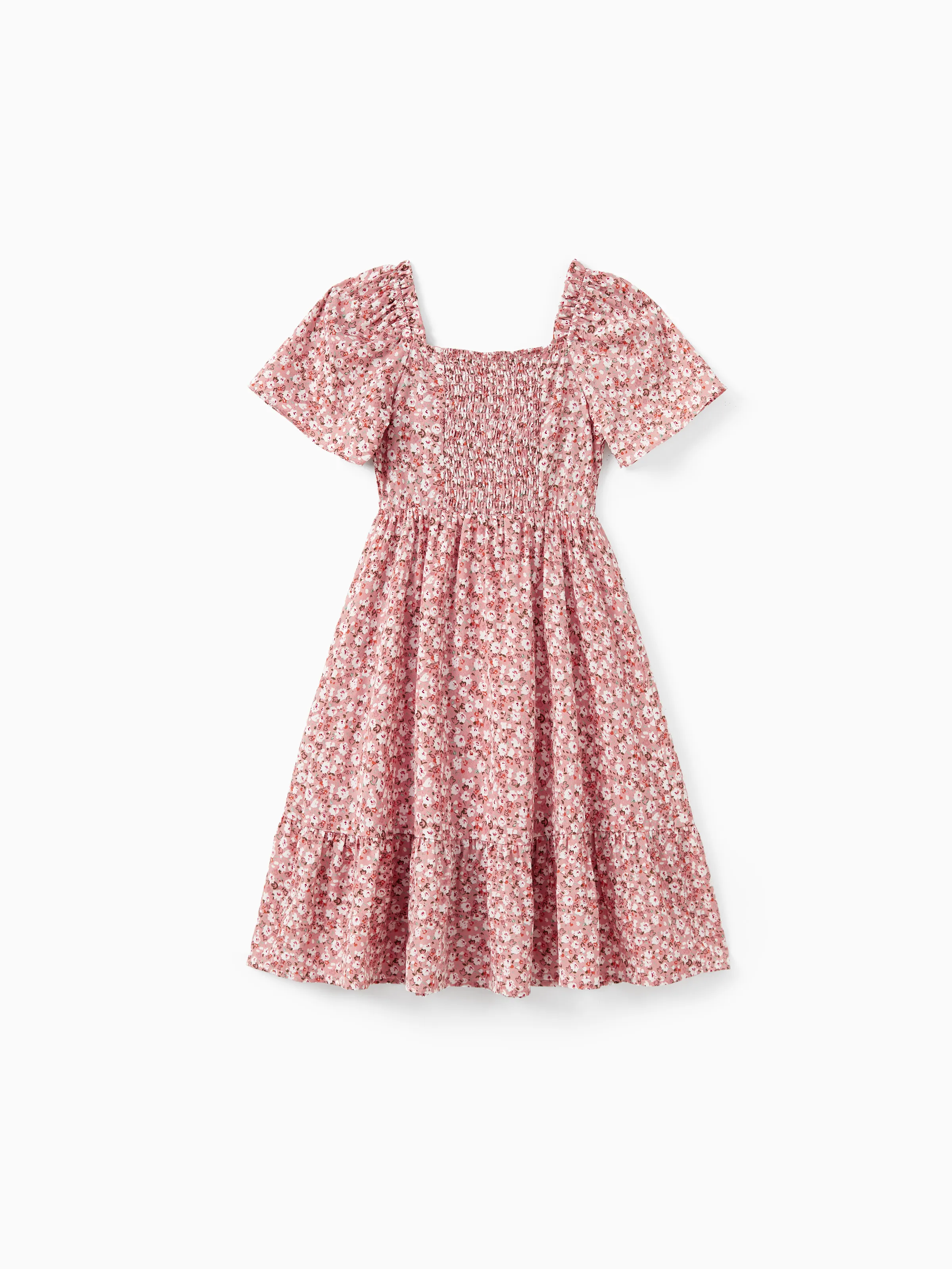 Family Matching Blue Cotton Colorblock Tee Shirt or Floral Print Smocking Puff-sleeve Dress Set  Pink - Image 7