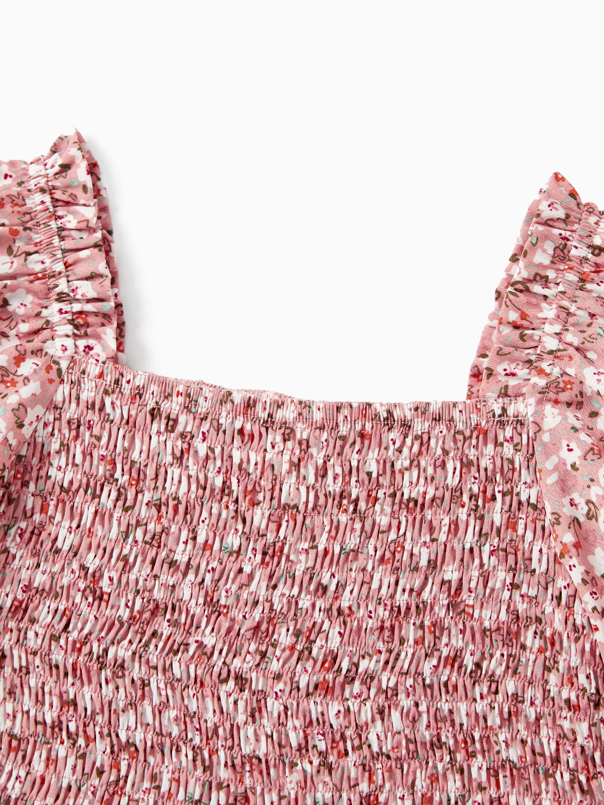 Family Matching Blue Cotton Colorblock Tee Shirt or Floral Print Smocking Puff-sleeve Dress Set  Pink - Image 8