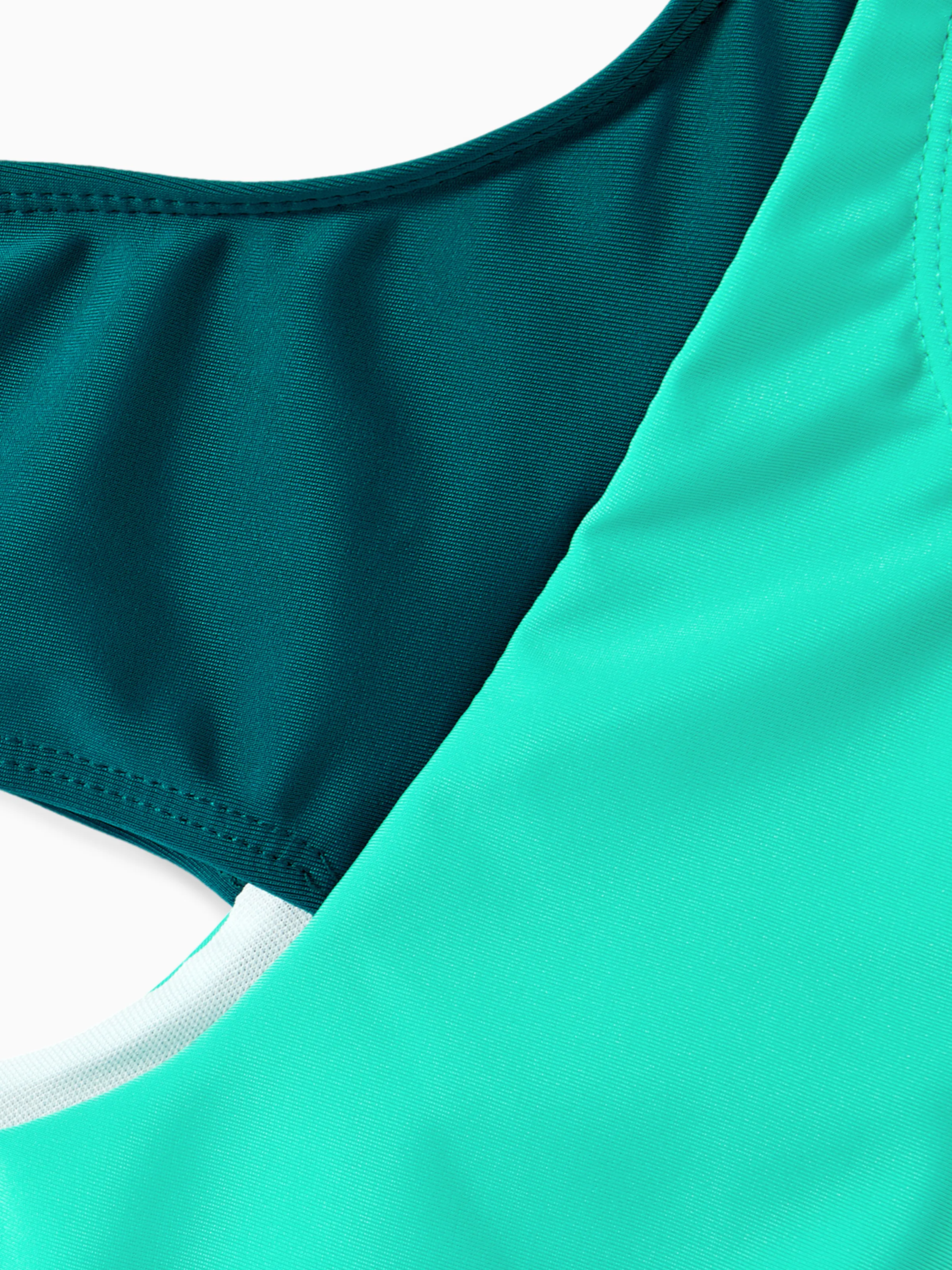 Family Matching Colorblock One Shoulder Cut Out One-piece Swimsuit and Striped Spliced Swim Trunks Shorts DeepTurquoise - Image 10