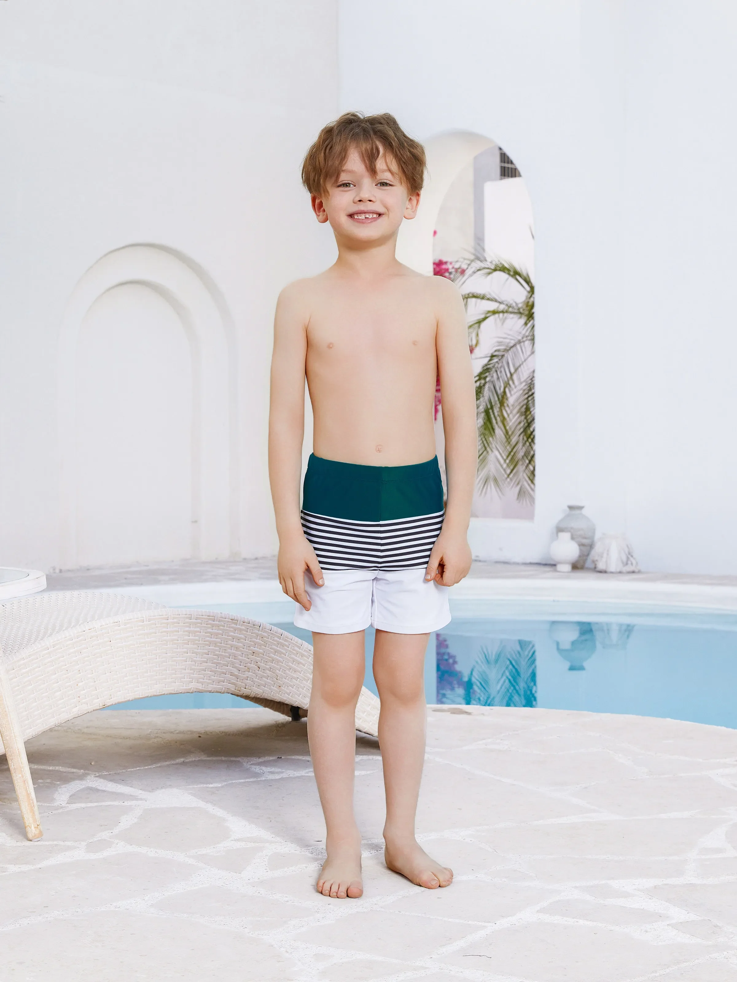 Family Matching Colorblock One Shoulder Cut Out One-piece Swimsuit and Striped Spliced Swim Trunks Shorts DeepTurquoise - Image 12