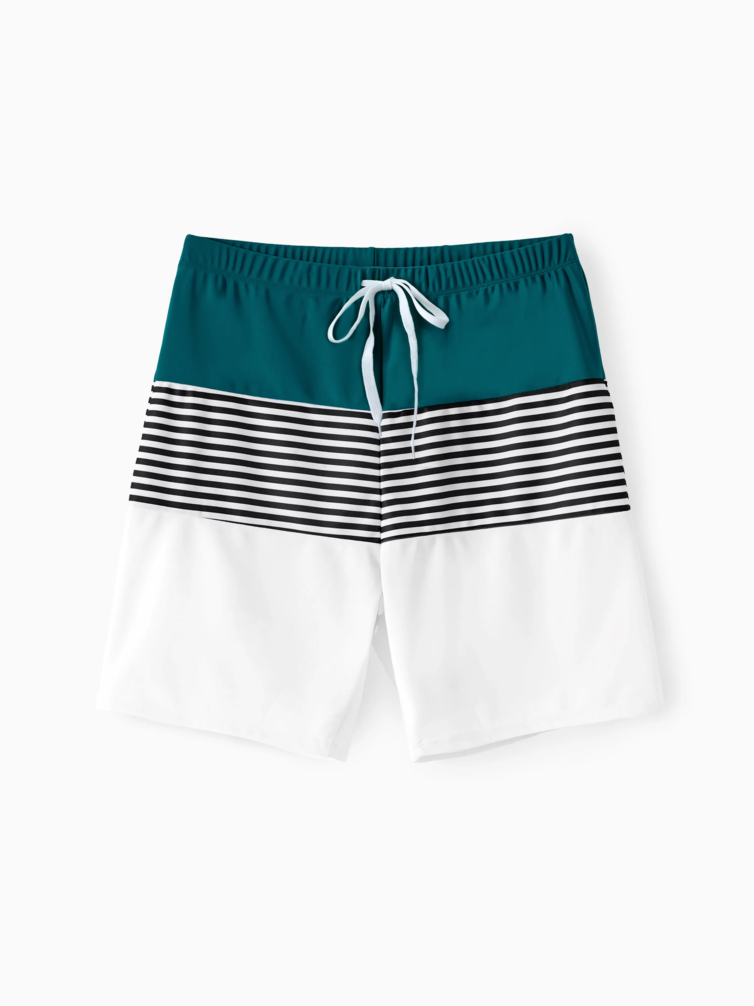 Family Matching Colorblock One Shoulder Cut Out One-piece Swimsuit and Striped Spliced Swim Trunks Shorts DeepTurquoise - Image 18