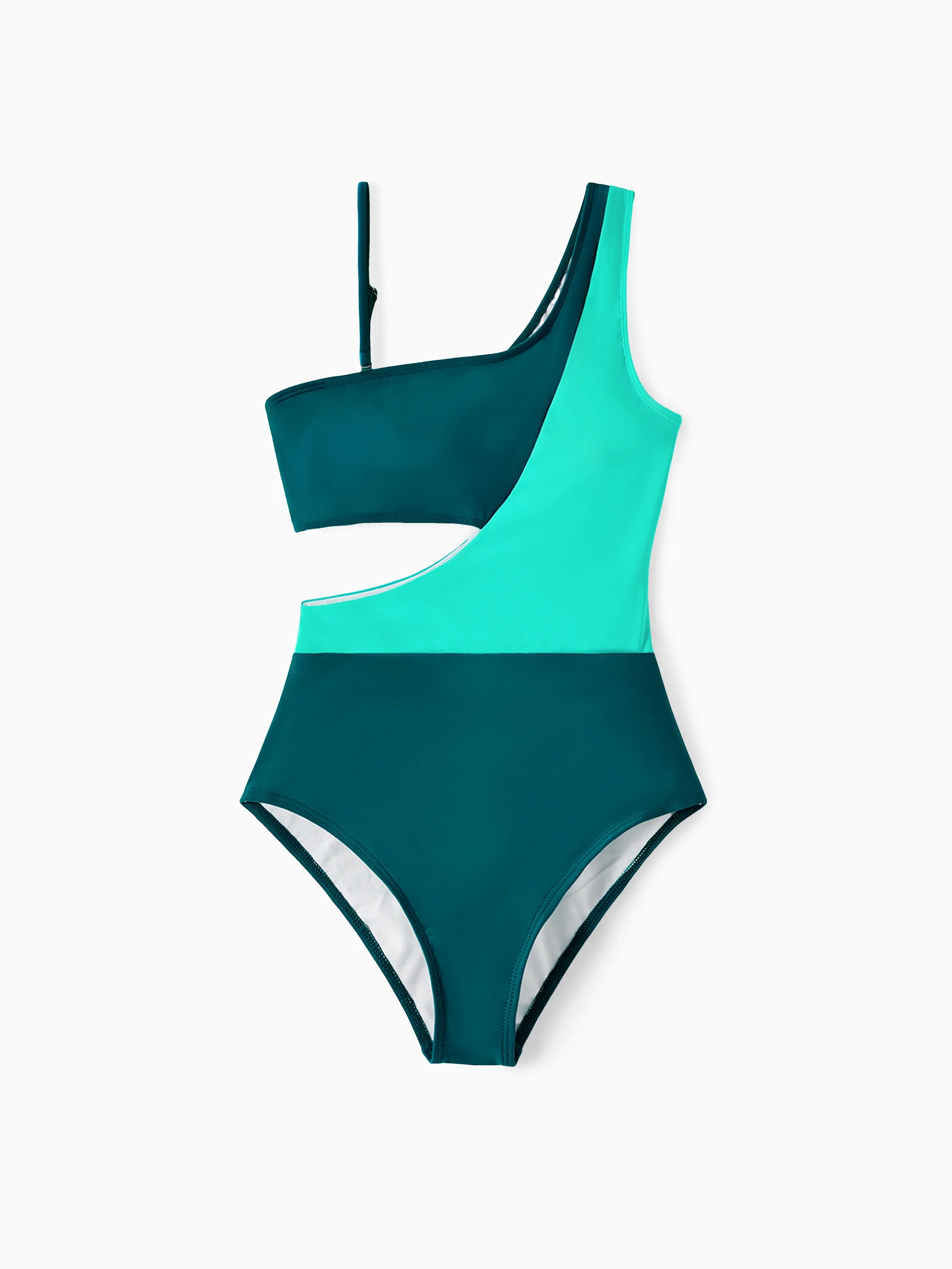 Family Matching Colorblock One Shoulder Cut Out One-piece Swimsuit and Striped Spliced Swim Trunks Shorts DeepTurquoise - Image 3