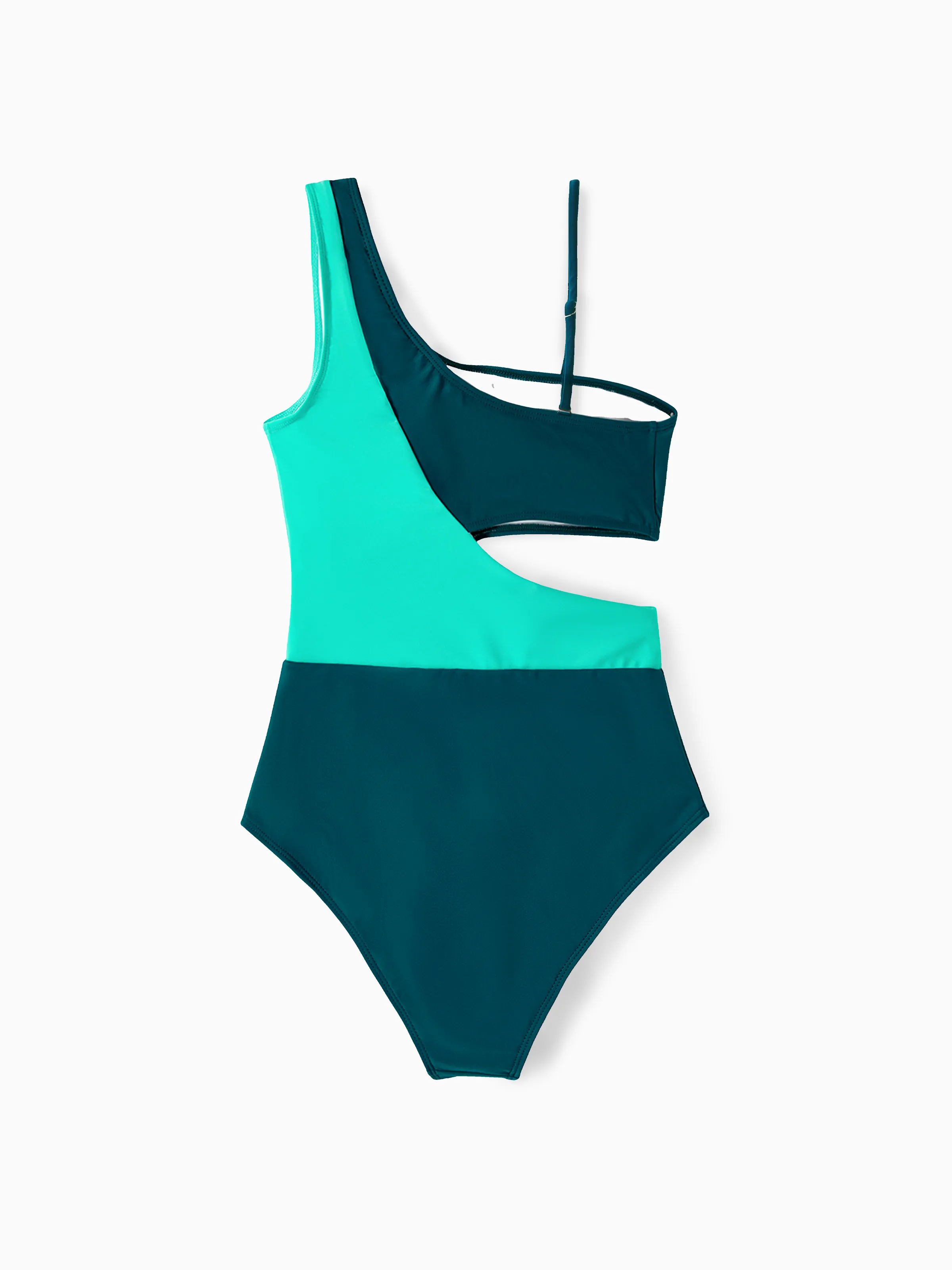 Family Matching Colorblock One Shoulder Cut Out One-piece Swimsuit and Striped Spliced Swim Trunks Shorts DeepTurquoise - Image 4