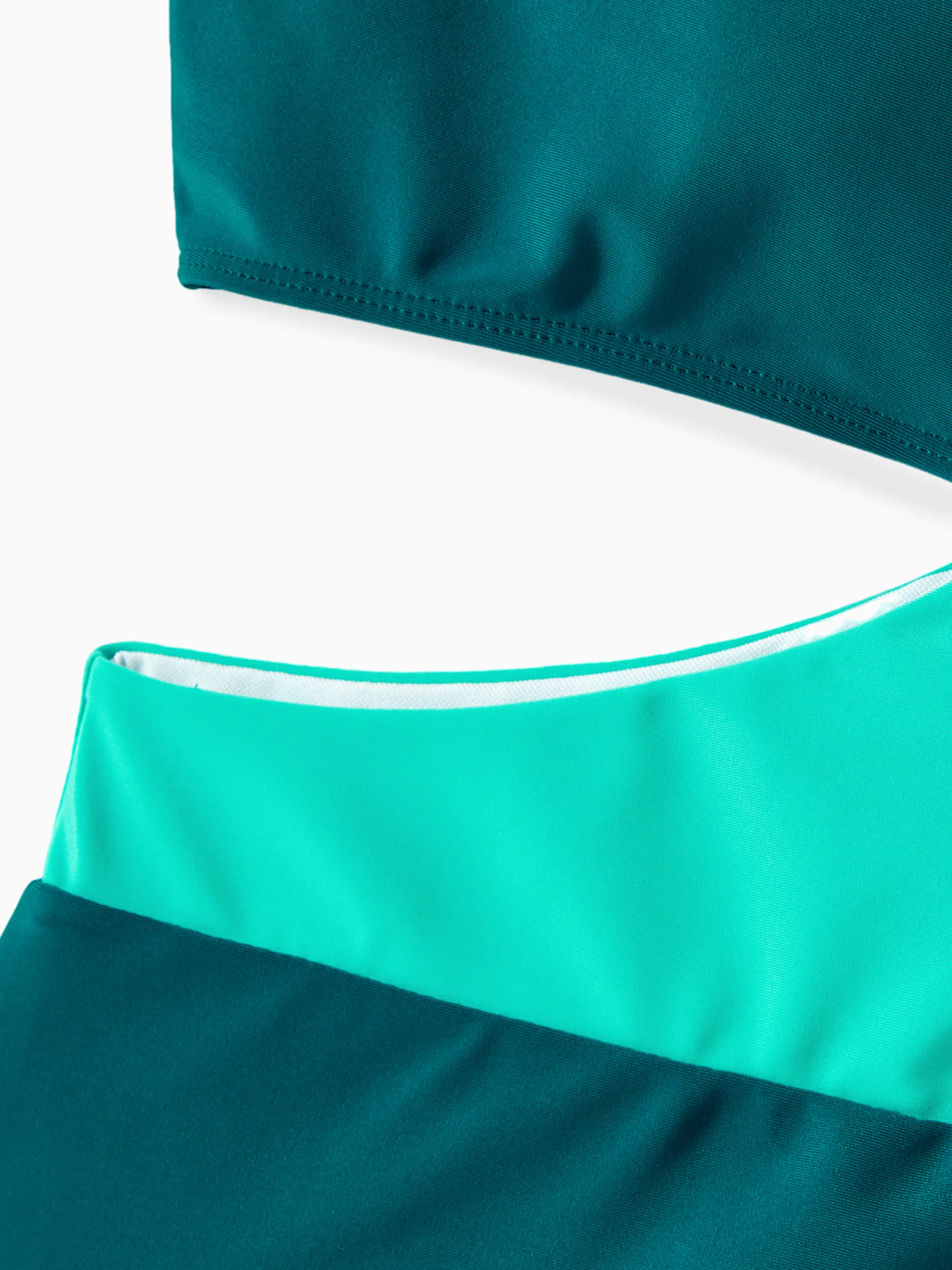 Family Matching Colorblock One Shoulder Cut Out One-piece Swimsuit and Striped Spliced Swim Trunks Shorts DeepTurquoise - Image 5