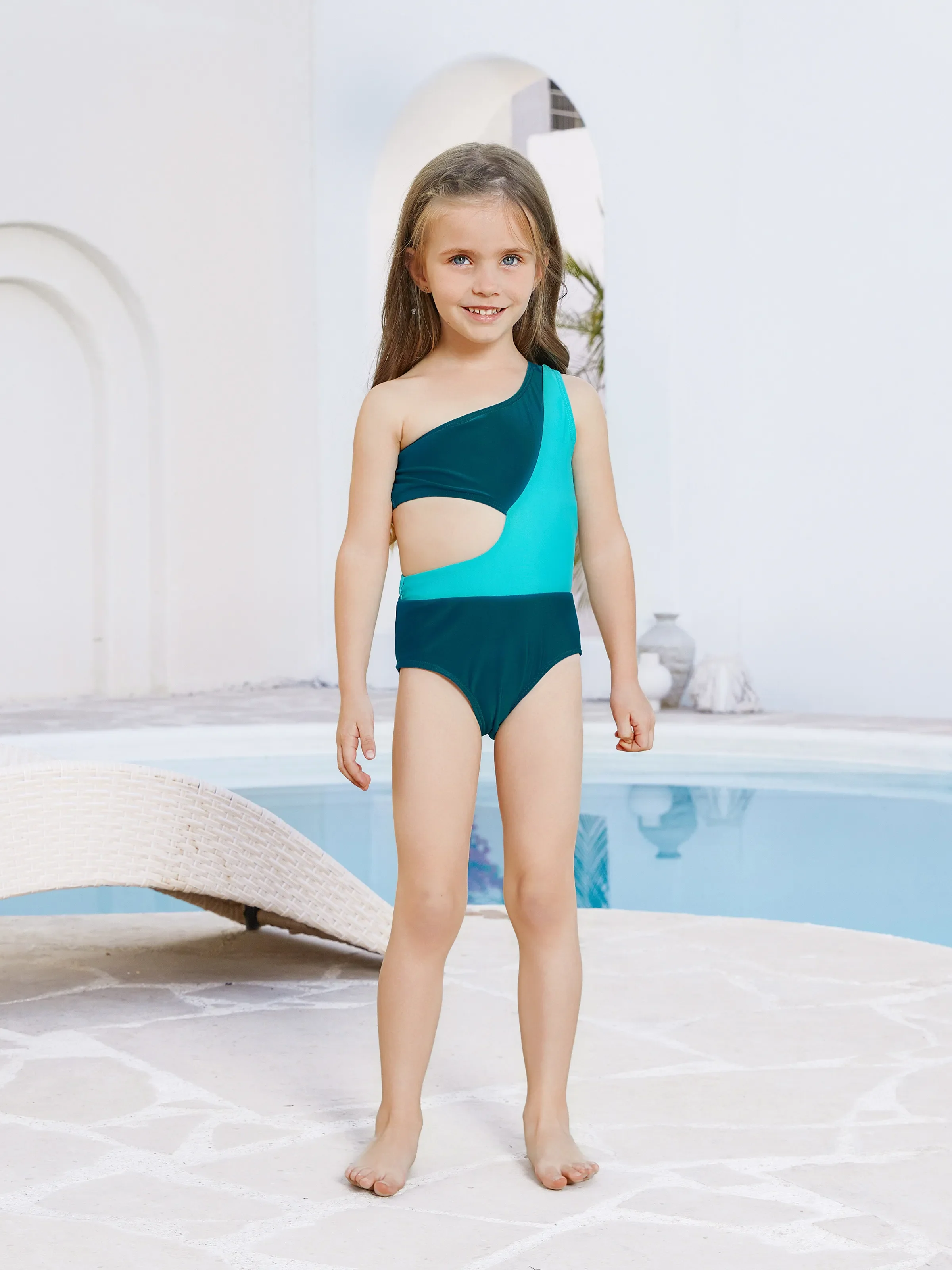 Family Matching Colorblock One Shoulder Cut Out One-piece Swimsuit and Striped Spliced Swim Trunks Shorts DeepTurquoise - Image 7