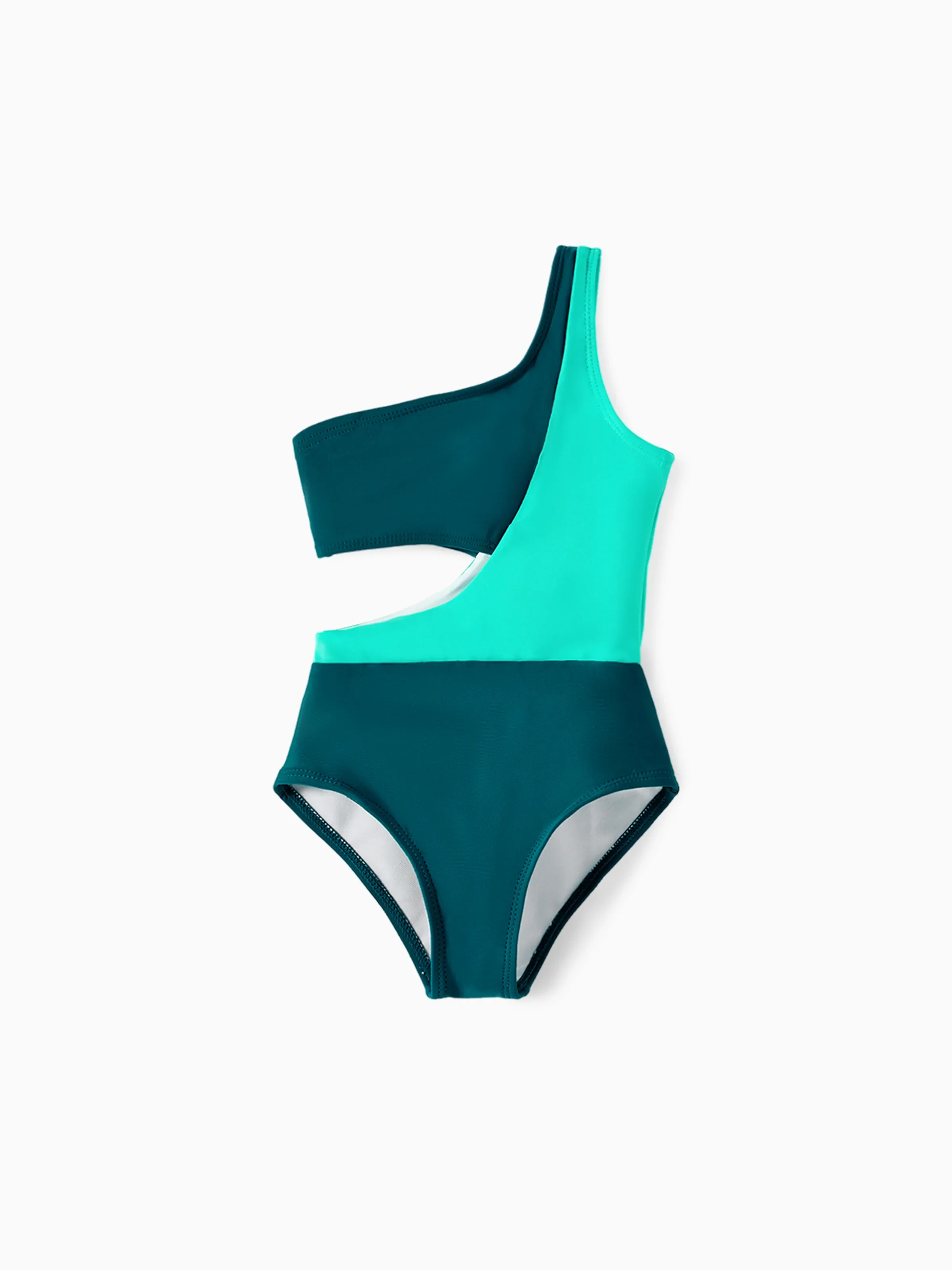 Family Matching Colorblock One Shoulder Cut Out One-piece Swimsuit and Striped Spliced Swim Trunks Shorts DeepTurquoise - Image 8