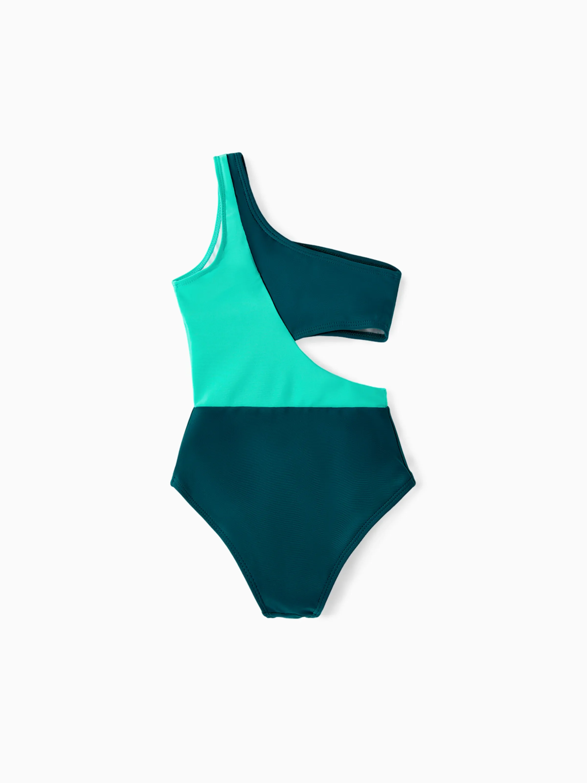 Family Matching Colorblock One Shoulder Cut Out One-piece Swimsuit and Striped Spliced Swim Trunks Shorts DeepTurquoise - Image 9