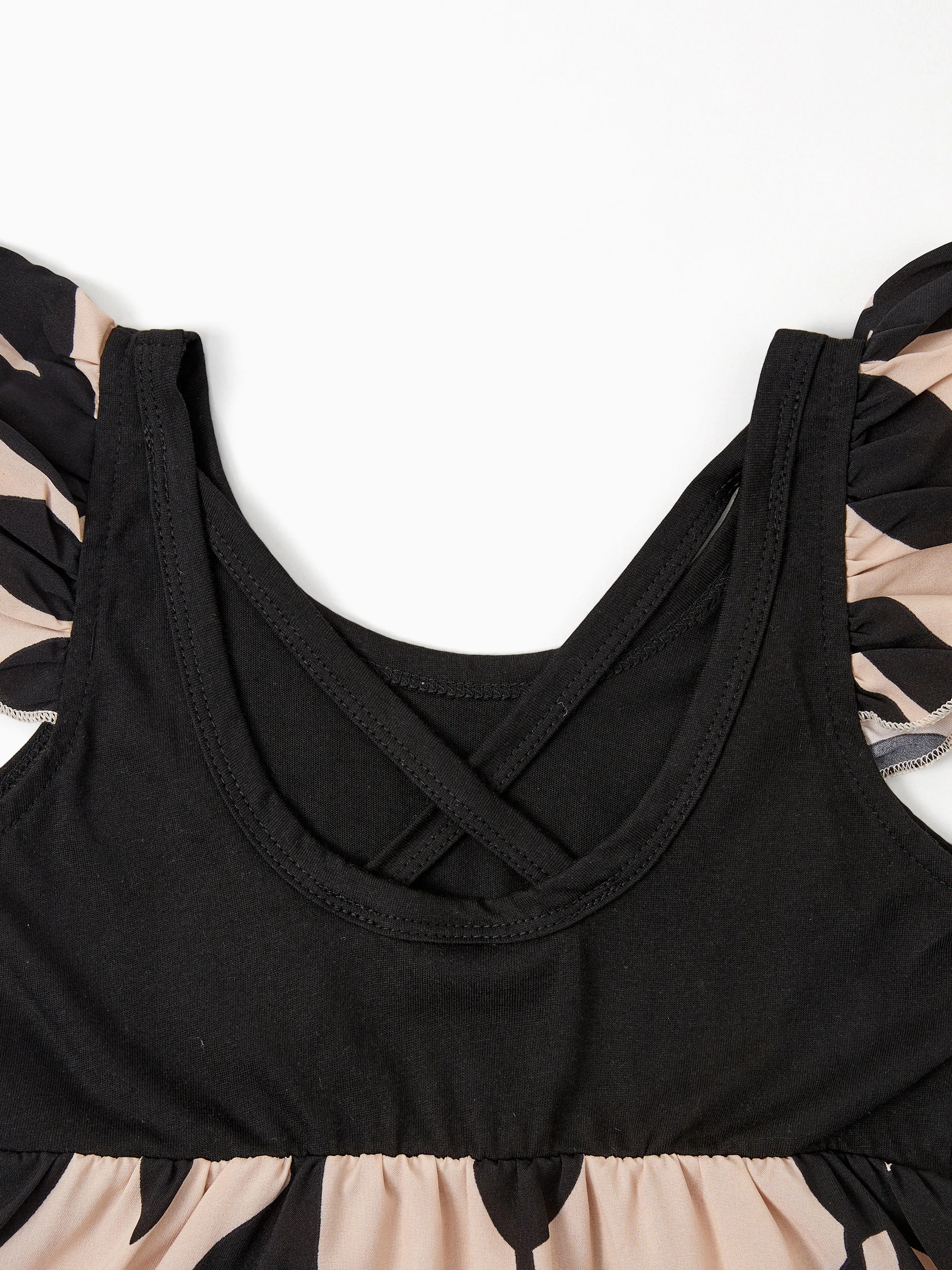 Family Matching Cross Back Floral Strap Dress and Colorblock Top Sets Black - Image 10