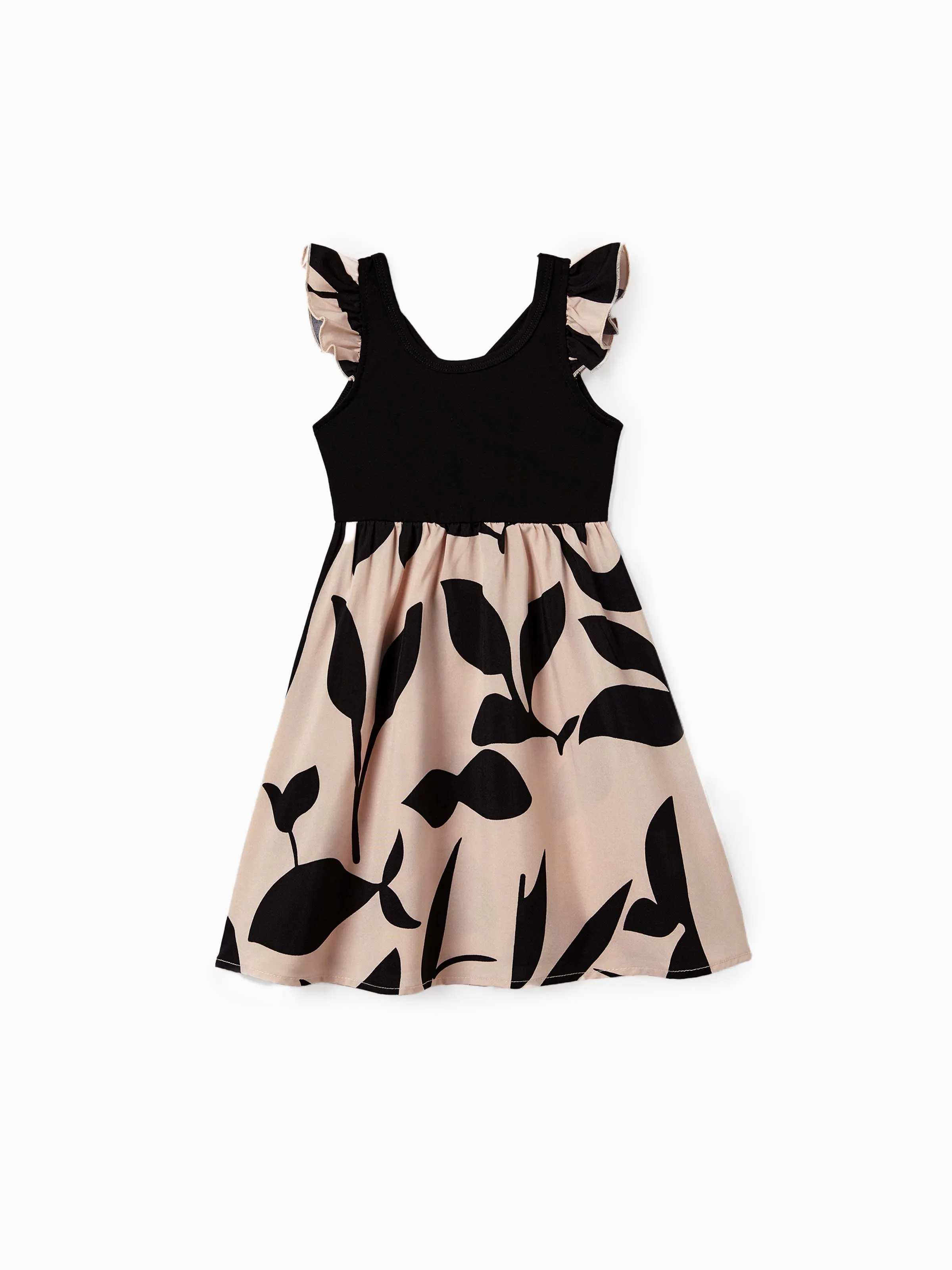 Family Matching Cross Back Floral Strap Dress and Colorblock Top Sets Black - Image 13