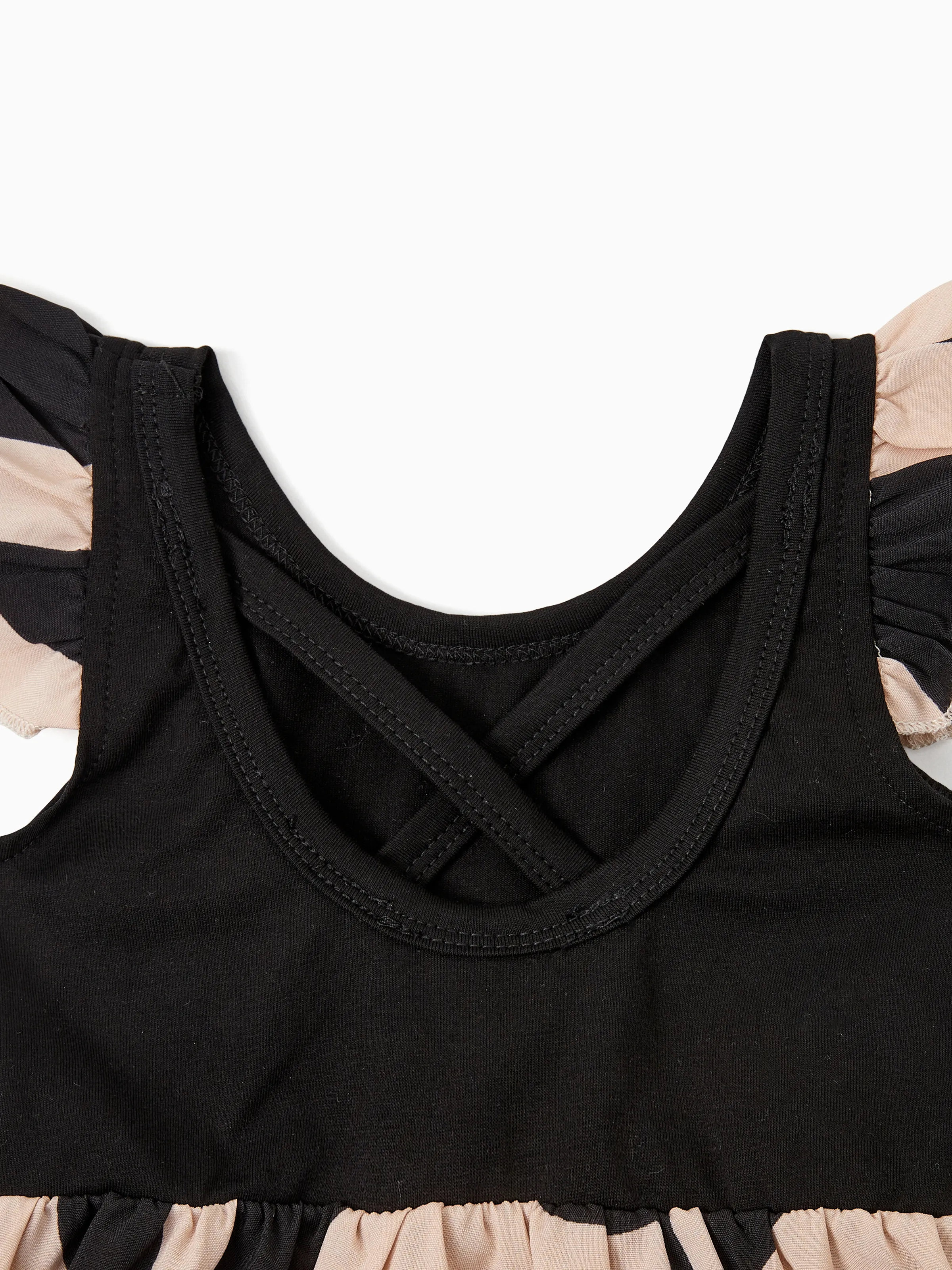 Family Matching Cross Back Floral Strap Dress and Colorblock Top Sets Black - Image 17