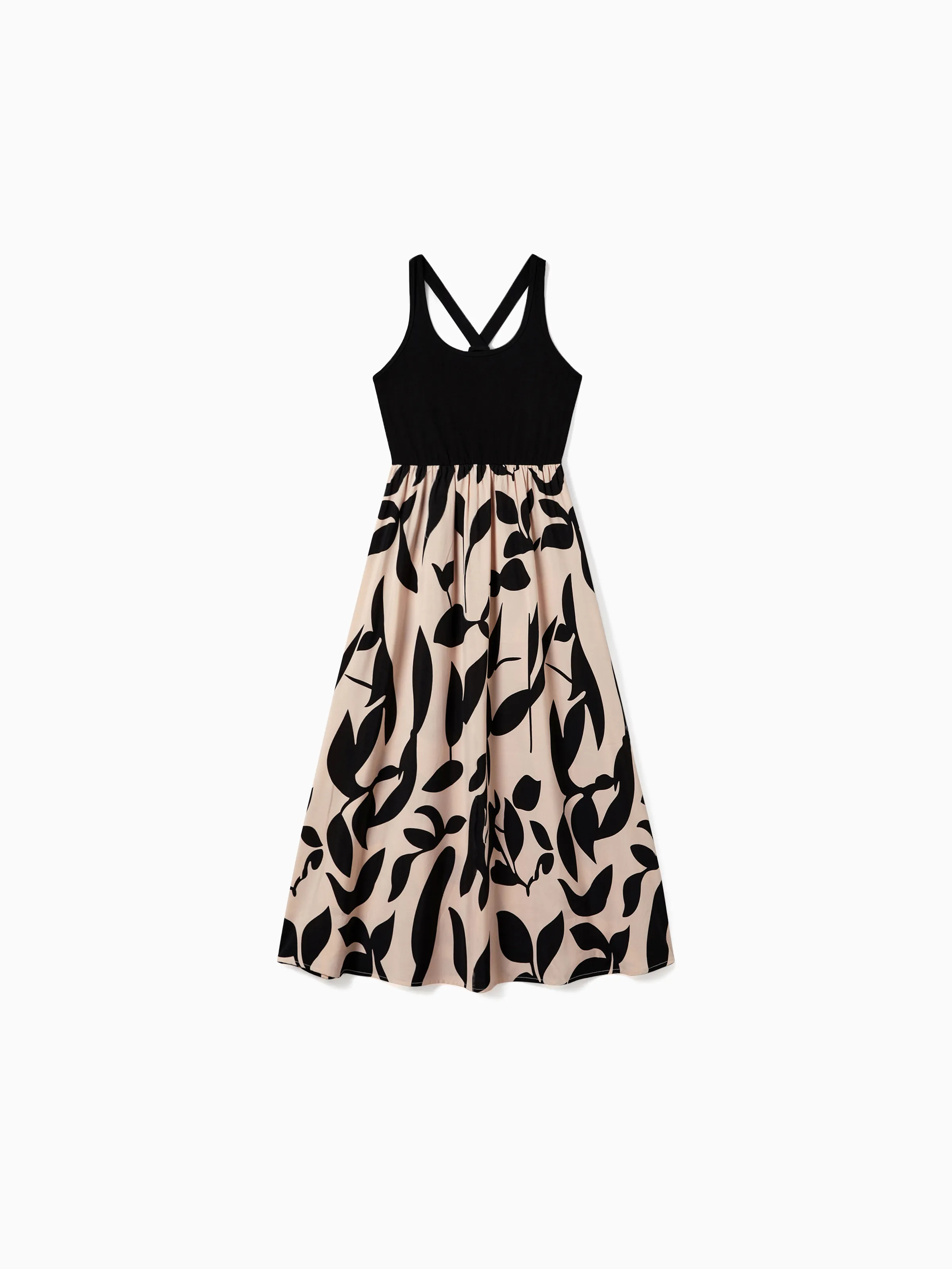 Family Matching Cross Back Floral Strap Dress and Colorblock Top Sets Black - Image 3