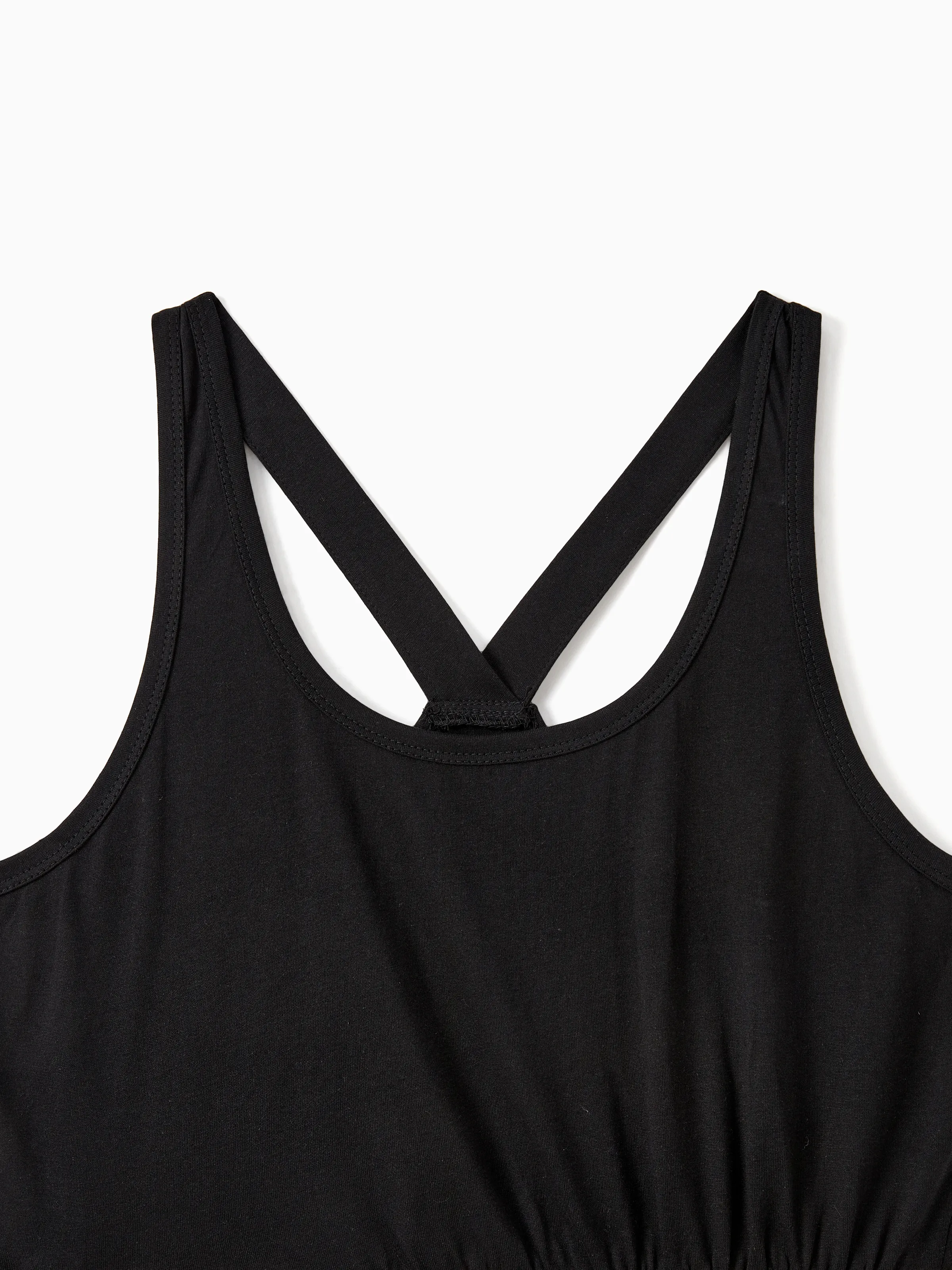 Family Matching Cross Back Floral Strap Dress and Colorblock Top Sets Black - Image 6