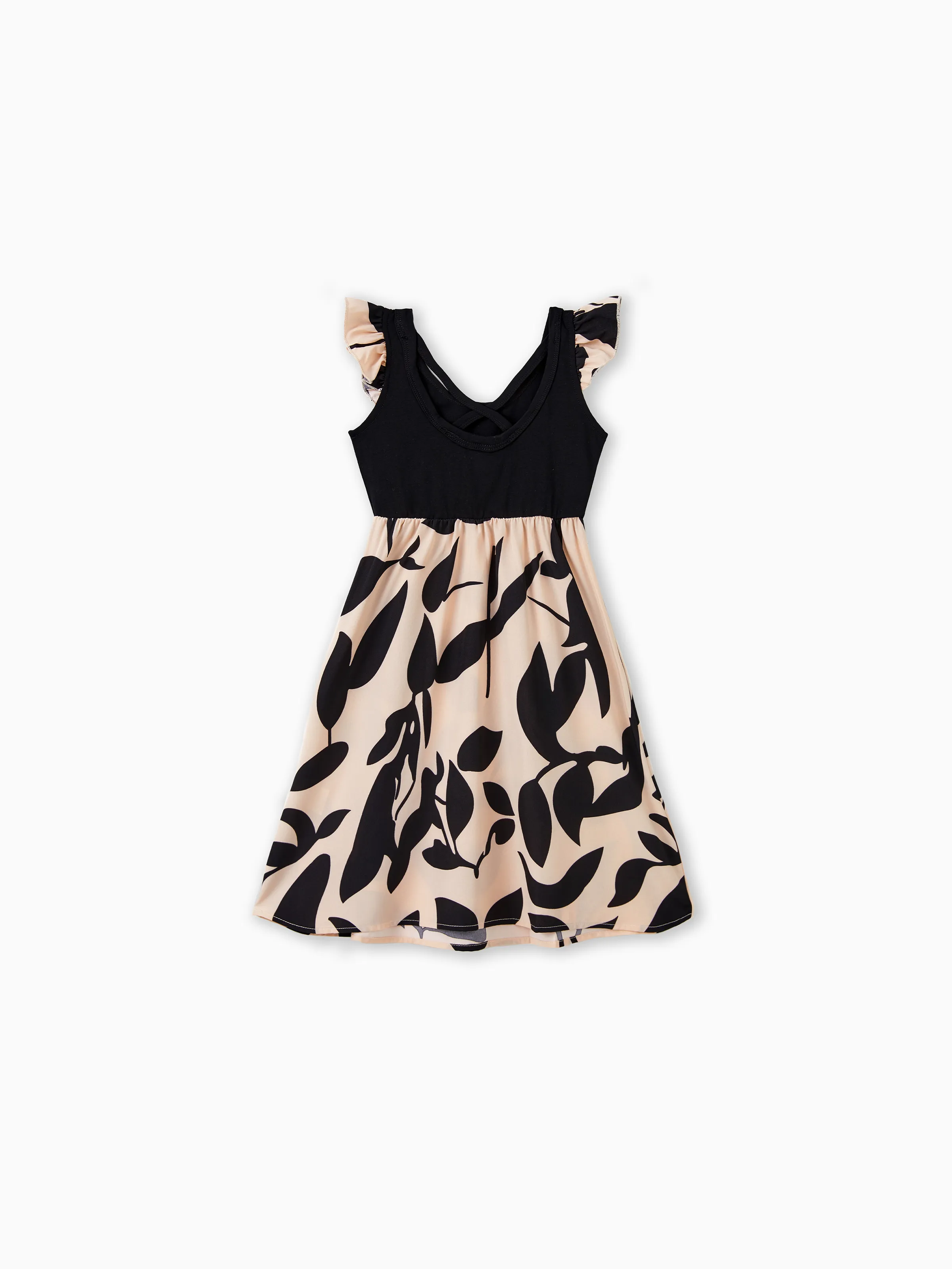 Family Matching Cross Back Floral Strap Dress and Colorblock Top Sets Black - Image 9