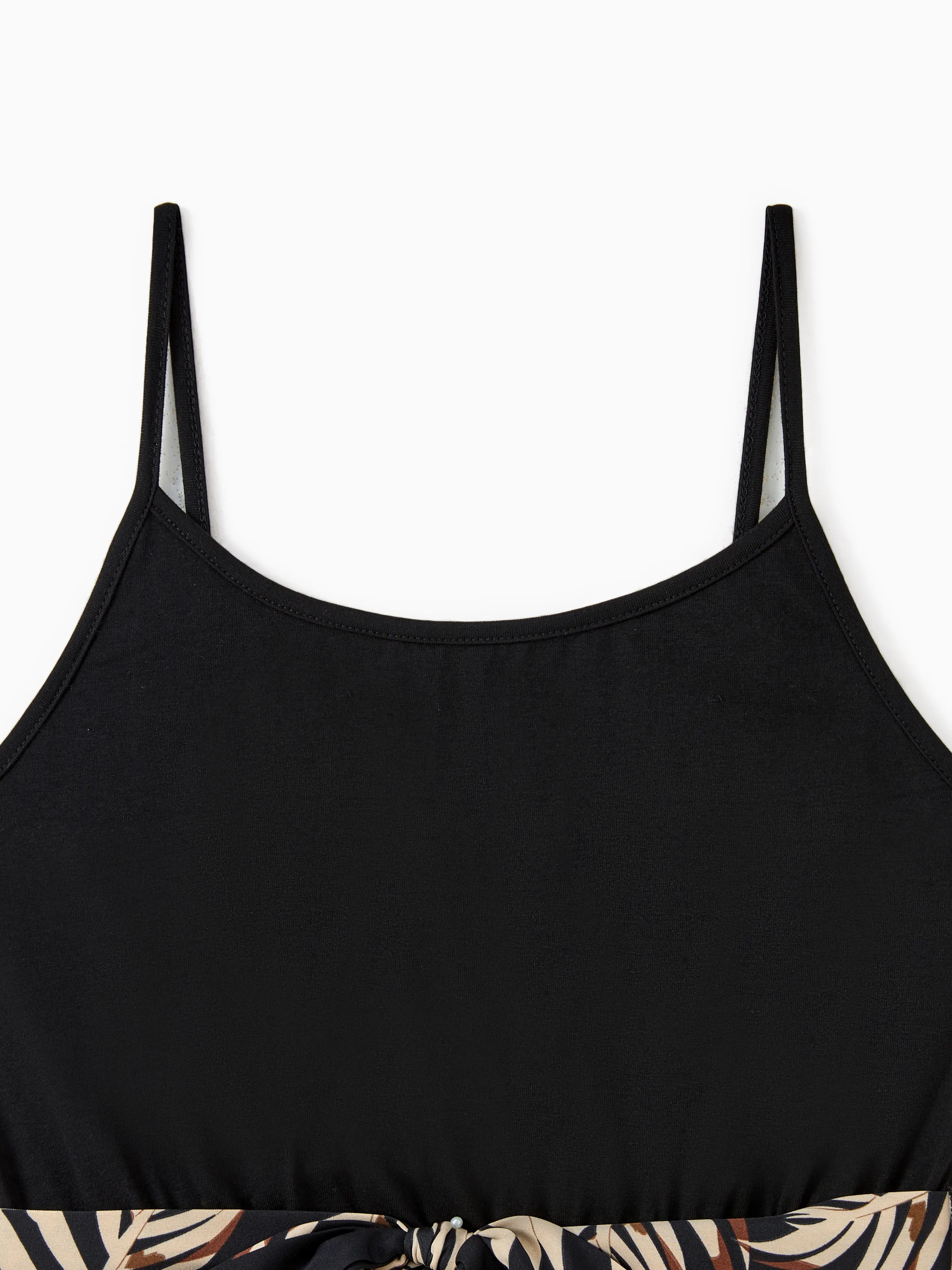 Family Matching Floral Print Belted Cami Dresses And Solid Short Sleeve Tops Sets Black - Image 4