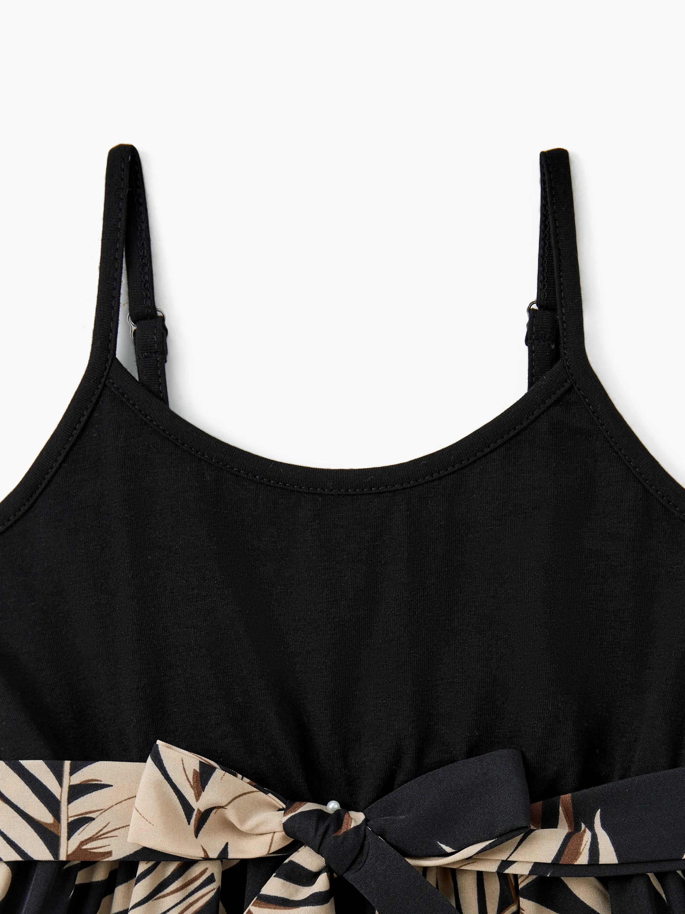 Family Matching Floral Print Belted Cami Dresses And Solid Short Sleeve Tops Sets Black - Image 9