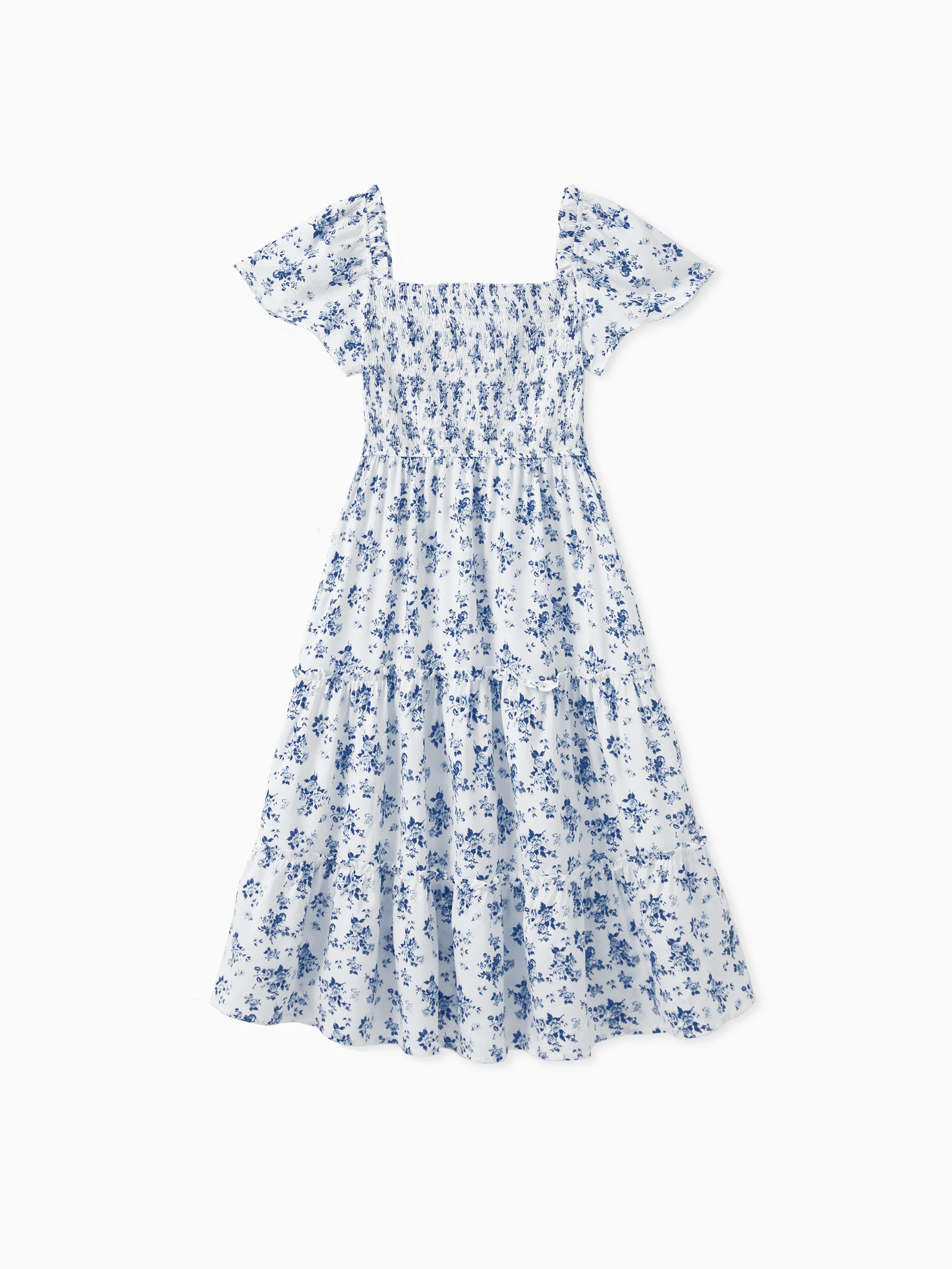 Family Matching Outfit: Floral Smocking Casual Suit BLUEWHITE - Image 4