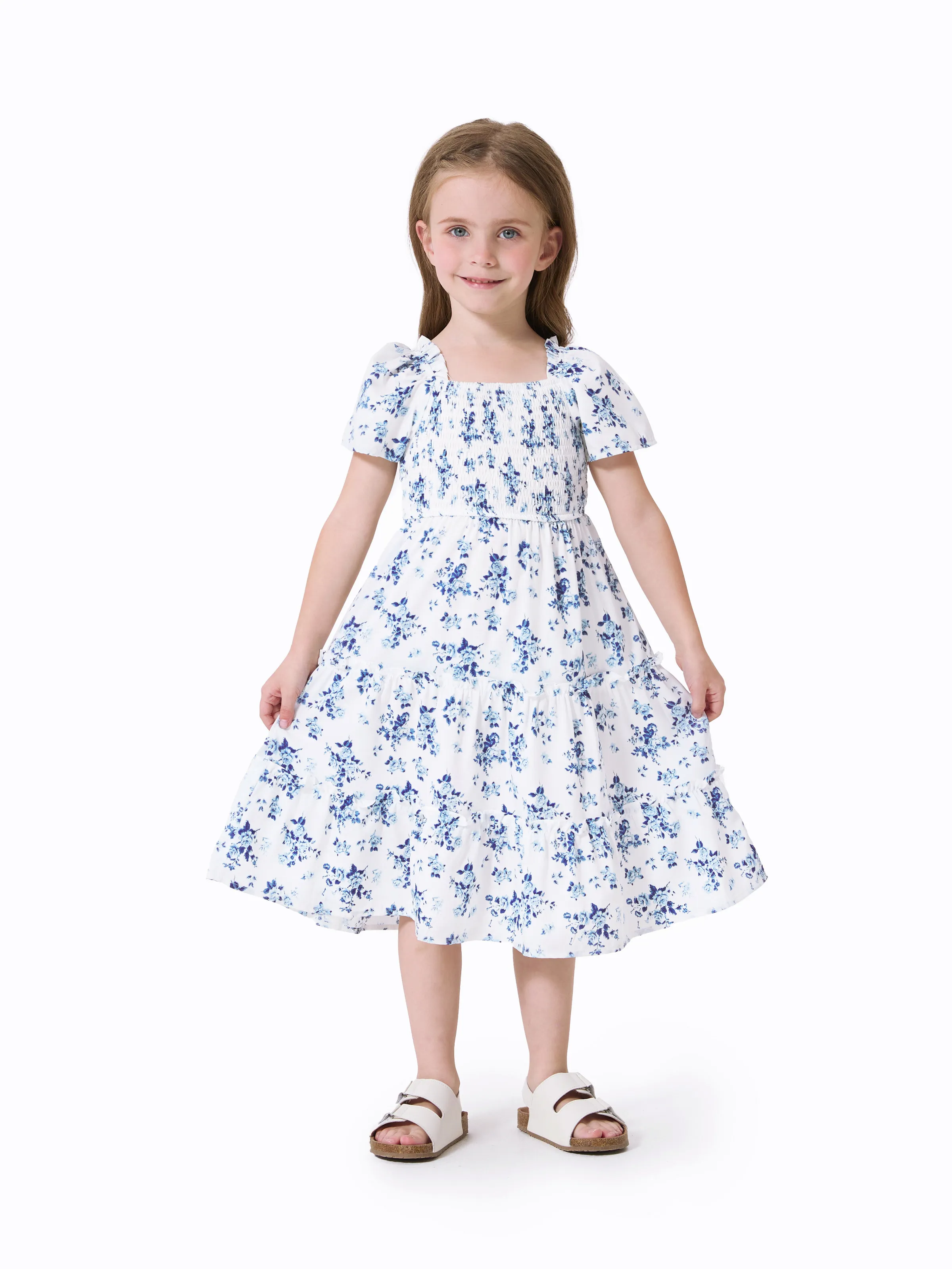 Family Matching Outfit: Floral Smocking Casual Suit BLUEWHITE - Image 8