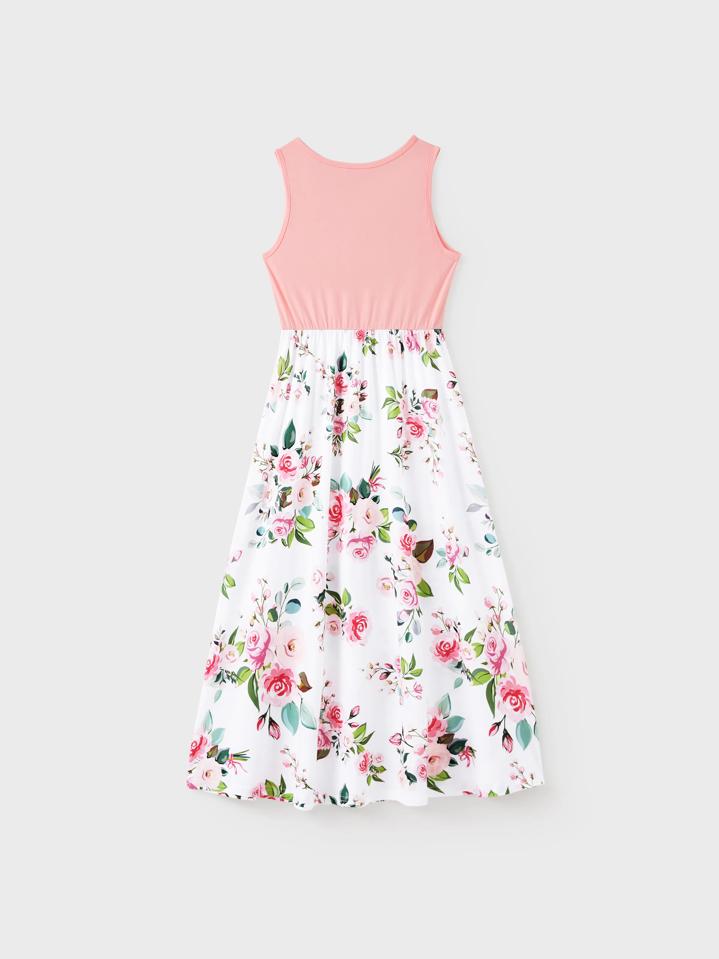 Family Matching Pink Sleeveless Splicing Floral Print Midi Dresses and Colorblock Short-sleeve Polo Shirts Sets Pink - Image 3