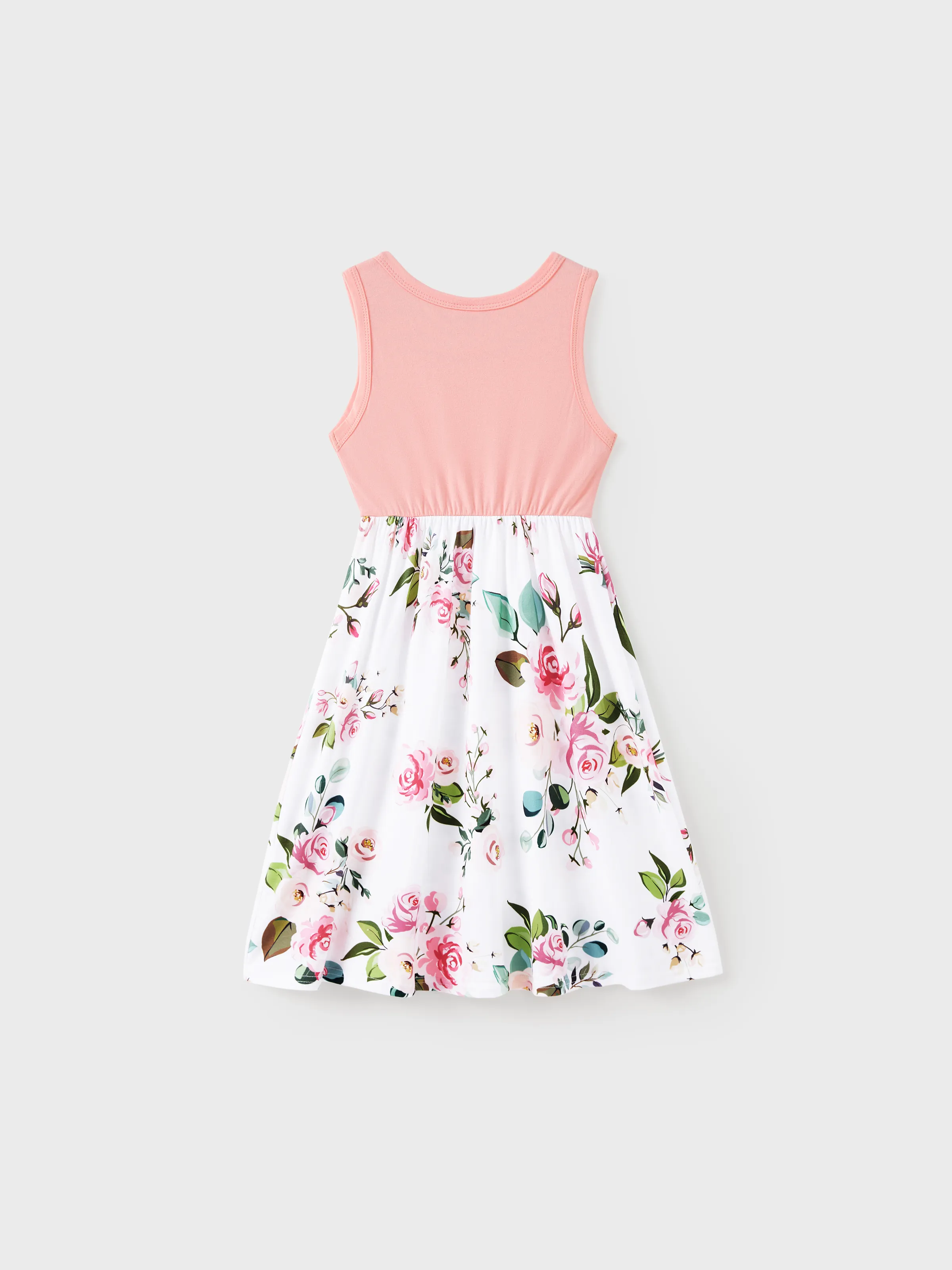 Family Matching Pink Sleeveless Splicing Floral Print Midi Dresses and Colorblock Short-sleeve Polo Shirts Sets Pink - Image 8