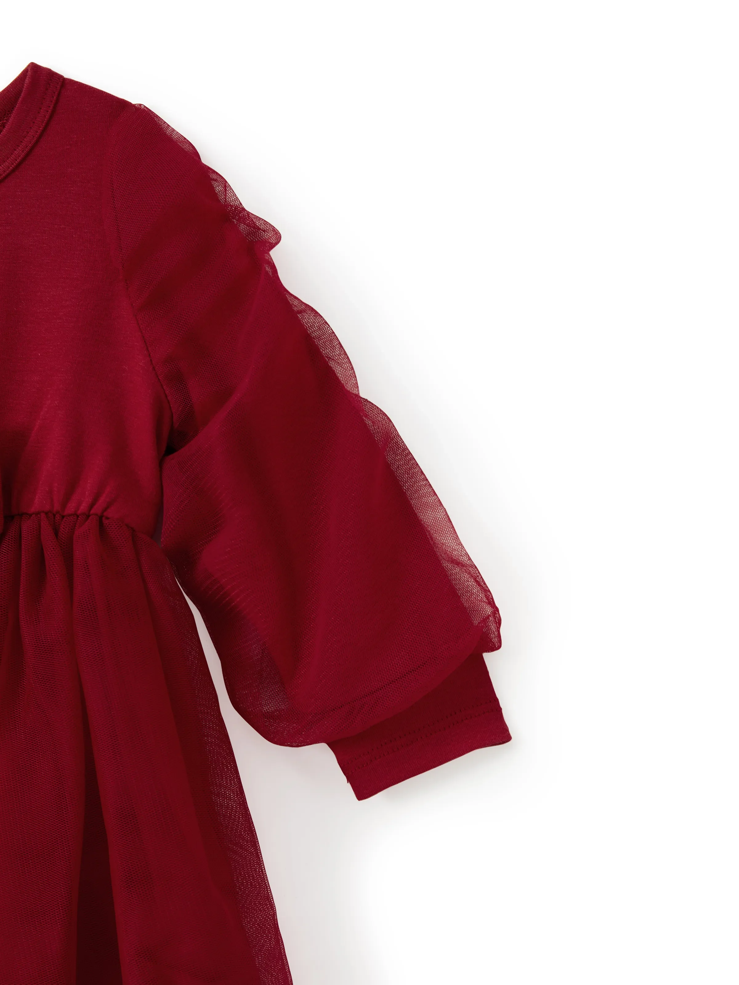 Family Matching Plaid Shirt Tops and Red Mesh Splice Belted Dresses Sets Burgundy - Image 14