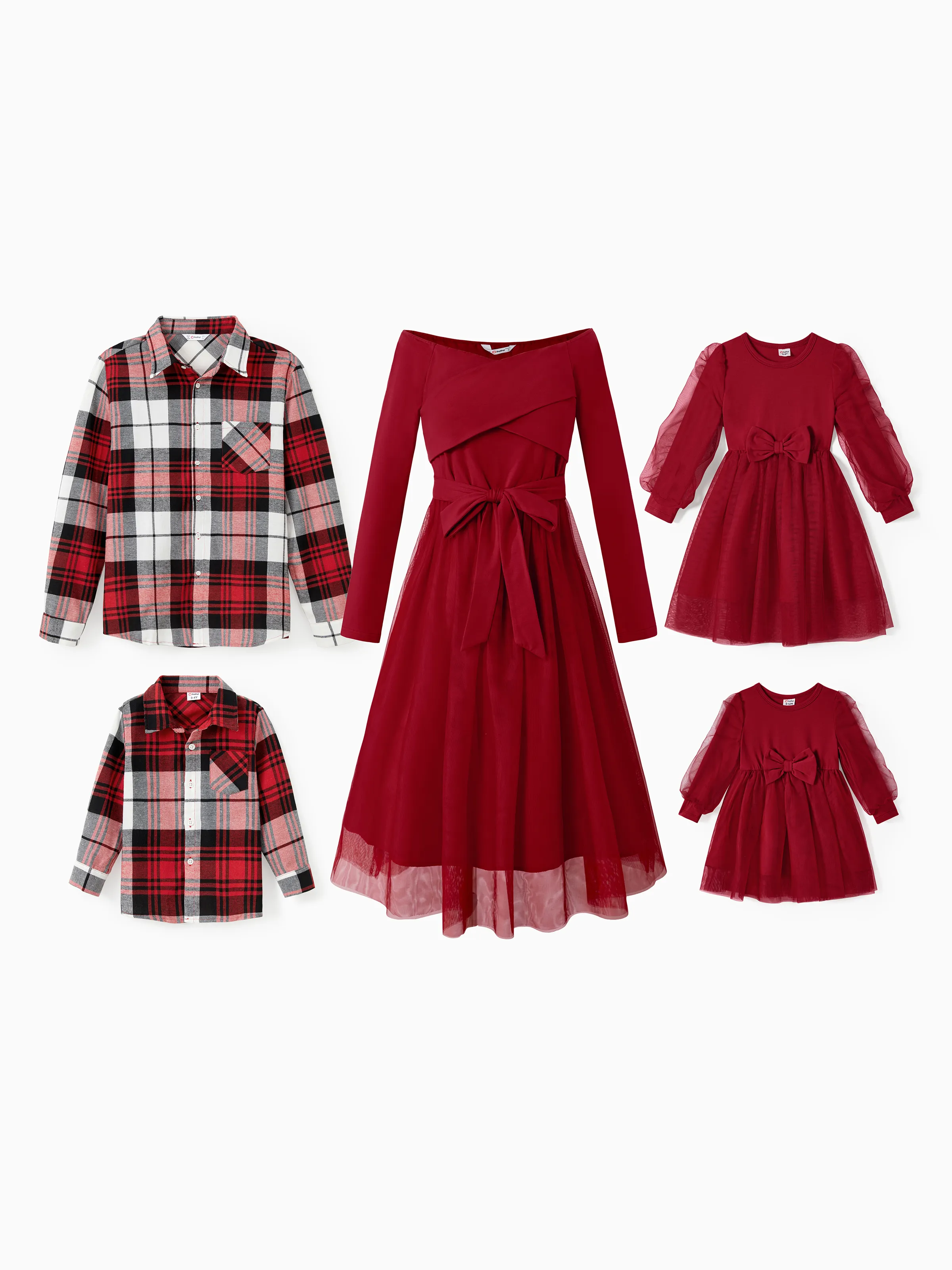 Family Matching Plaid Shirt Tops and Red Mesh Splice Belted Dresses Sets Burgundy - Image 16