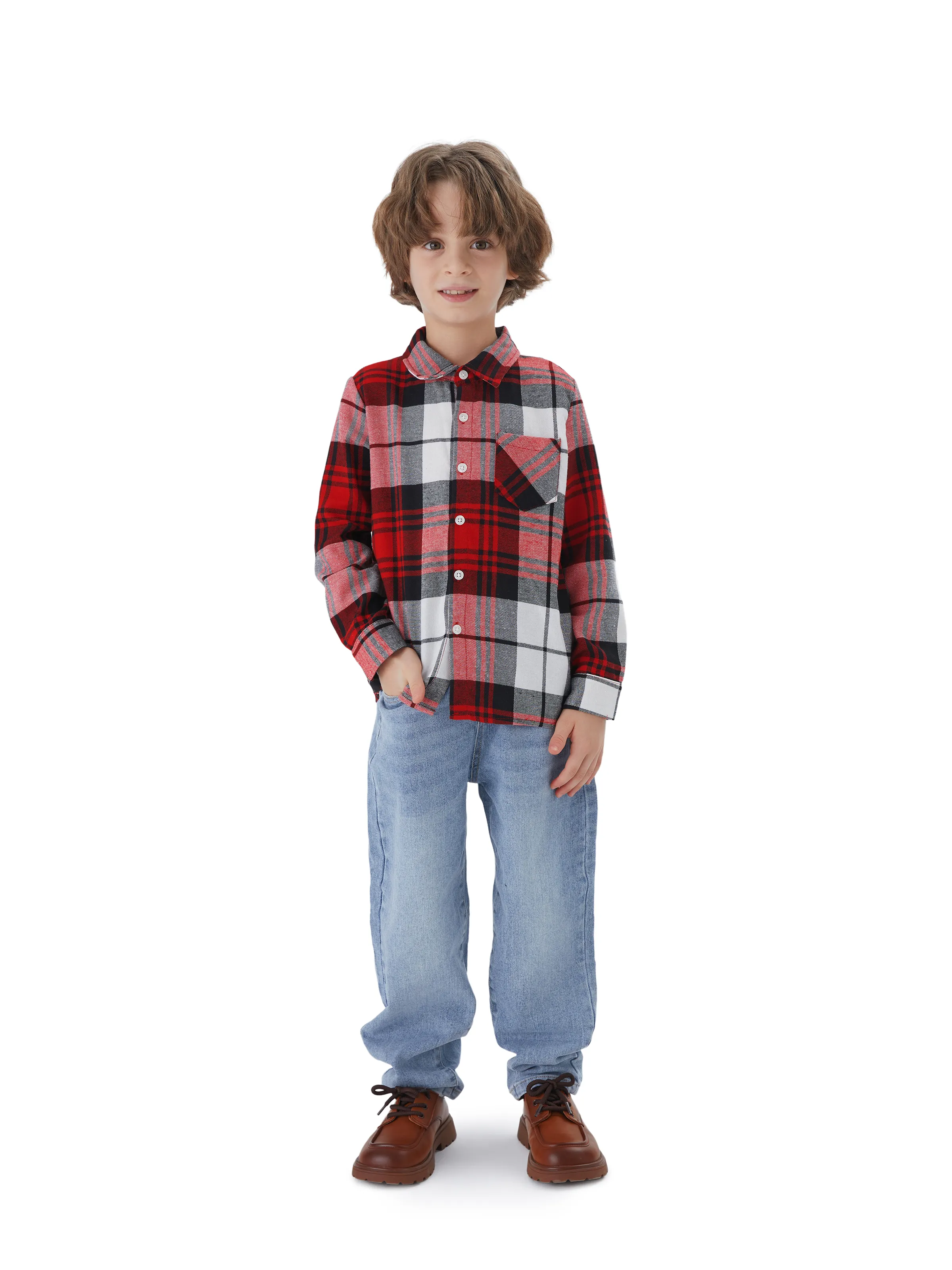 Family Matching Plaid Shirt Tops and Red Mesh Splice Belted Dresses Sets Burgundy - Image 17