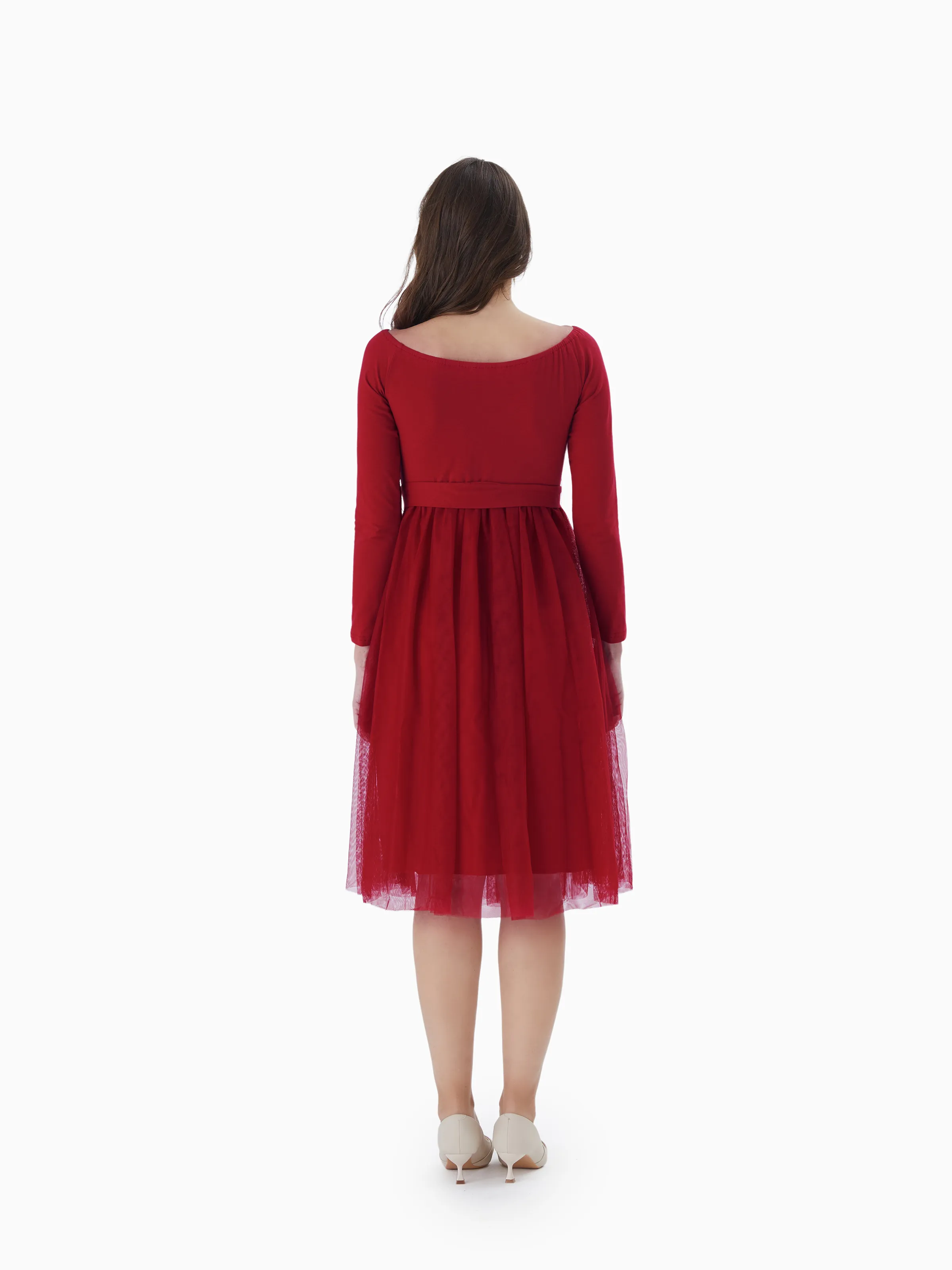 Family Matching Plaid Shirt Tops and Red Mesh Splice Belted Dresses Sets Burgundy - Image 3