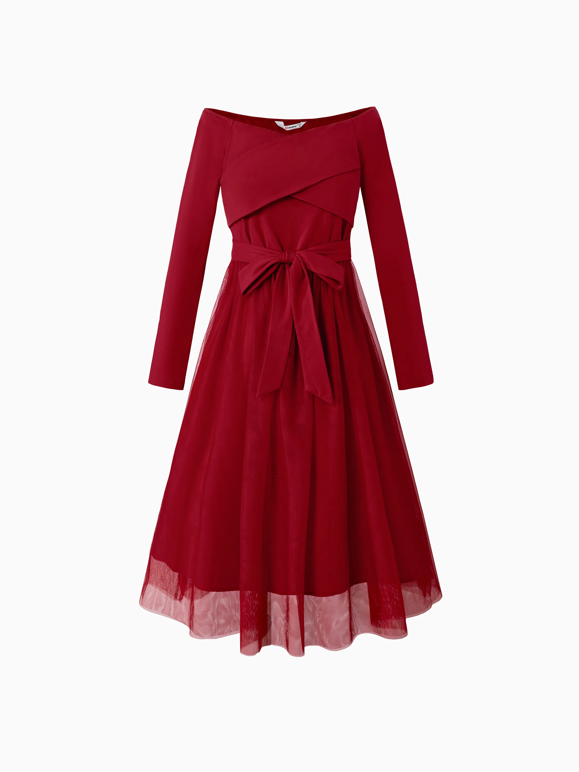 Family Matching Plaid Shirt Tops and Red Mesh Splice Belted Dresses Sets Burgundy - Image 4