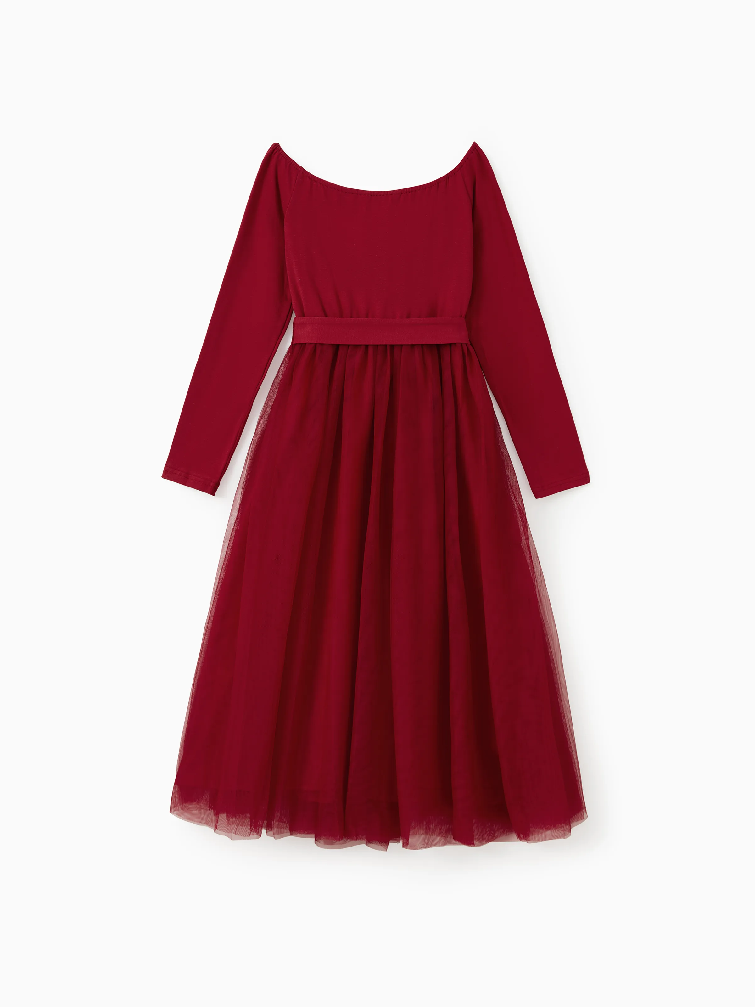 Family Matching Plaid Shirt Tops and Red Mesh Splice Belted Dresses Sets Burgundy - Image 5