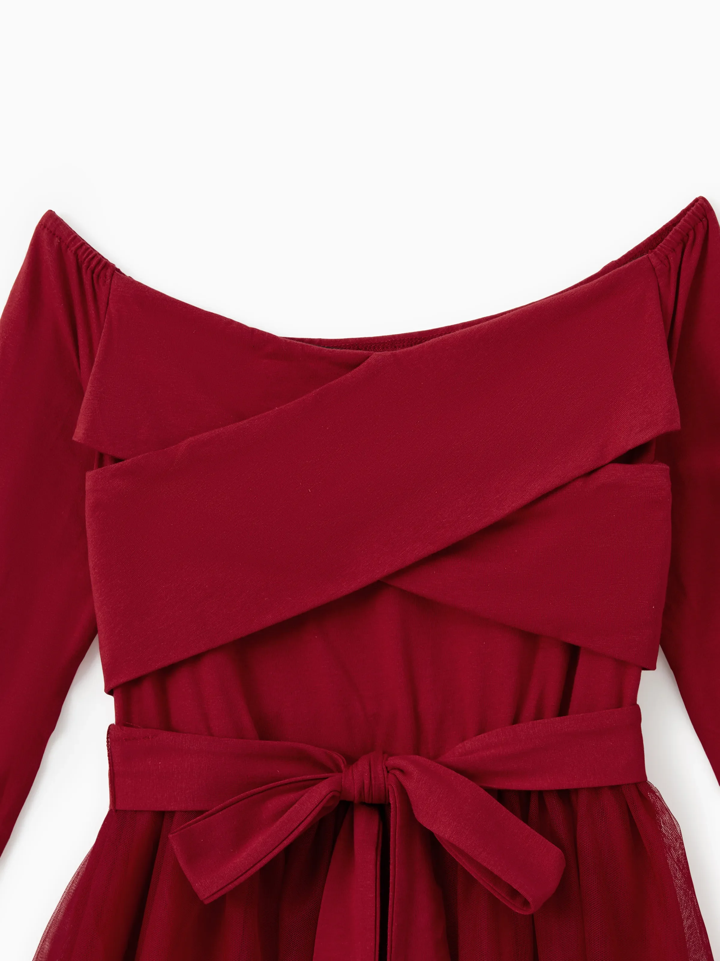 Family Matching Plaid Shirt Tops and Red Mesh Splice Belted Dresses Sets Burgundy - Image 6