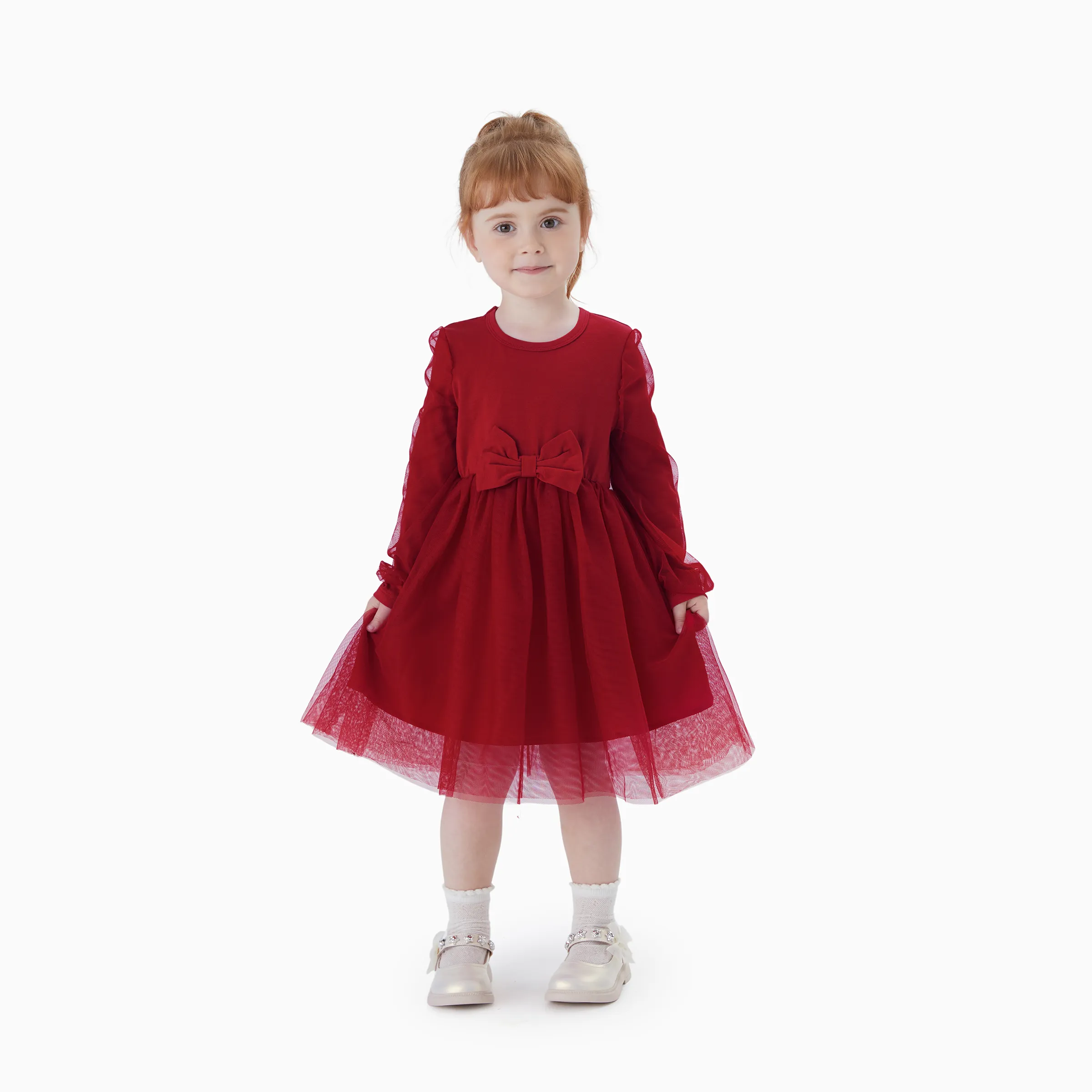 Family Matching Plaid Shirt Tops and Red Mesh Splice Belted Dresses Sets Burgundy - Image 7