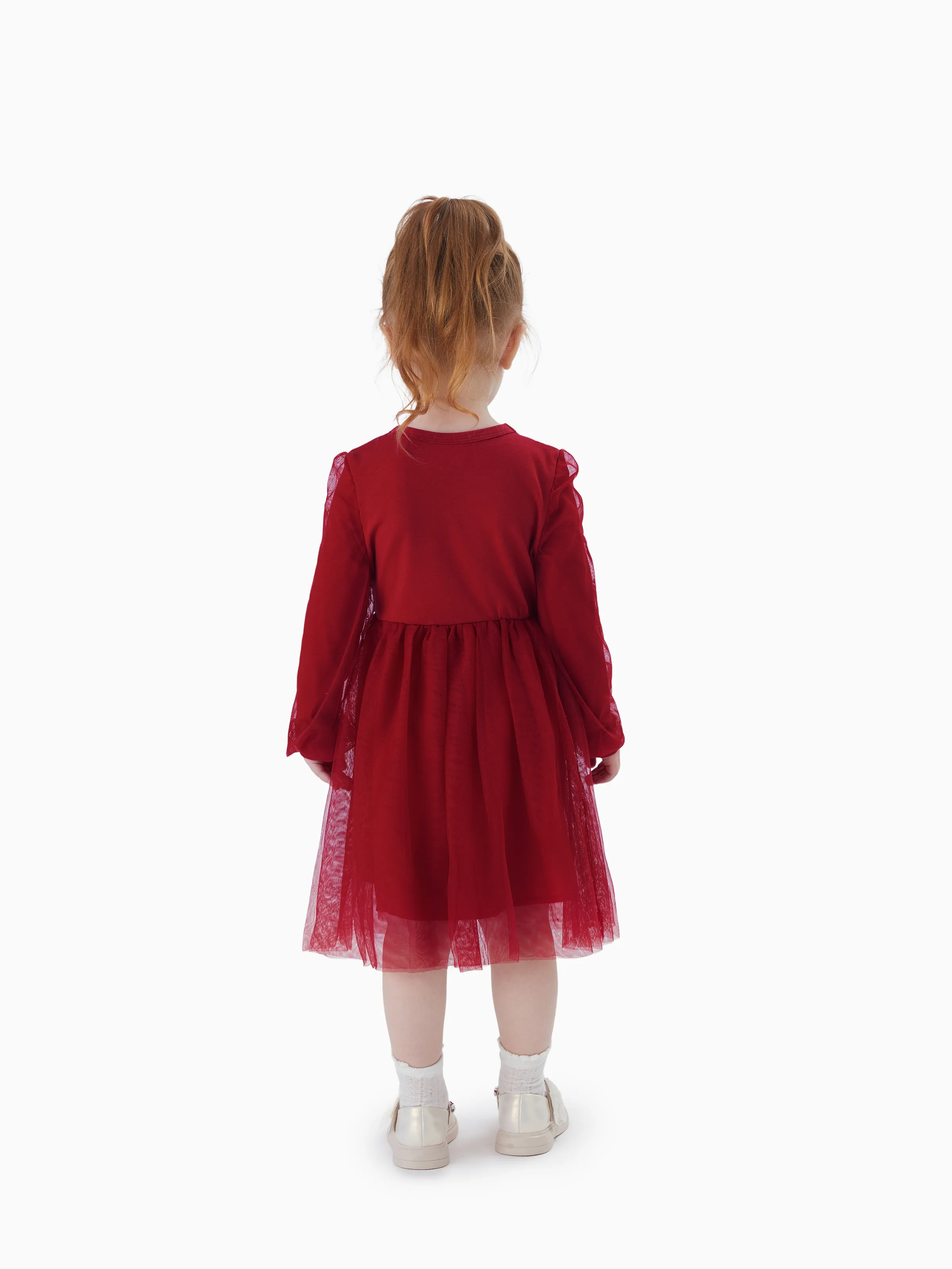 Family Matching Plaid Shirt Tops and Red Mesh Splice Belted Dresses Sets Burgundy - Image 8