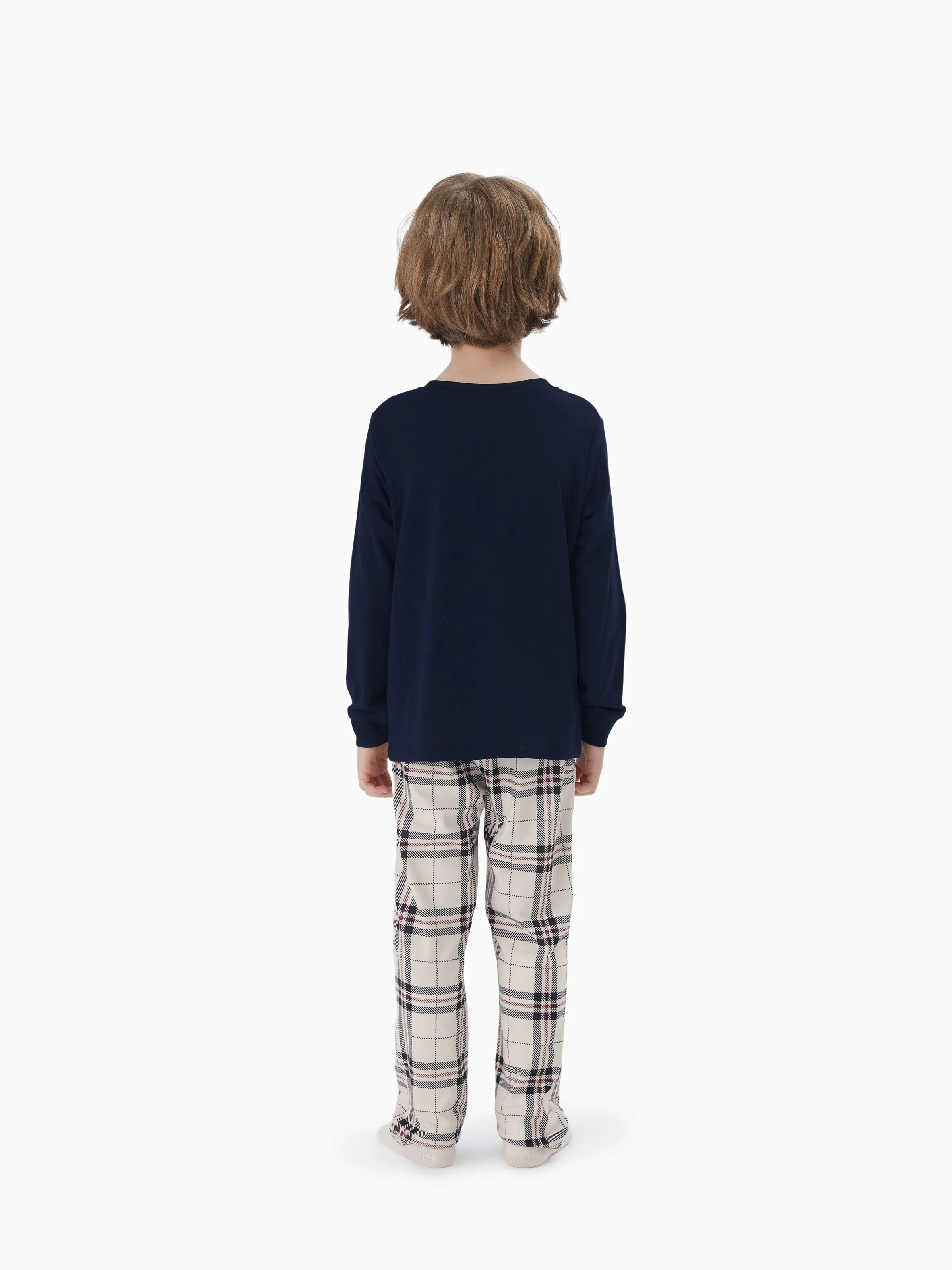 Family Matching School Grid Letter Print Patch Long Sleeve Pajamas Sets Blue - Image 10