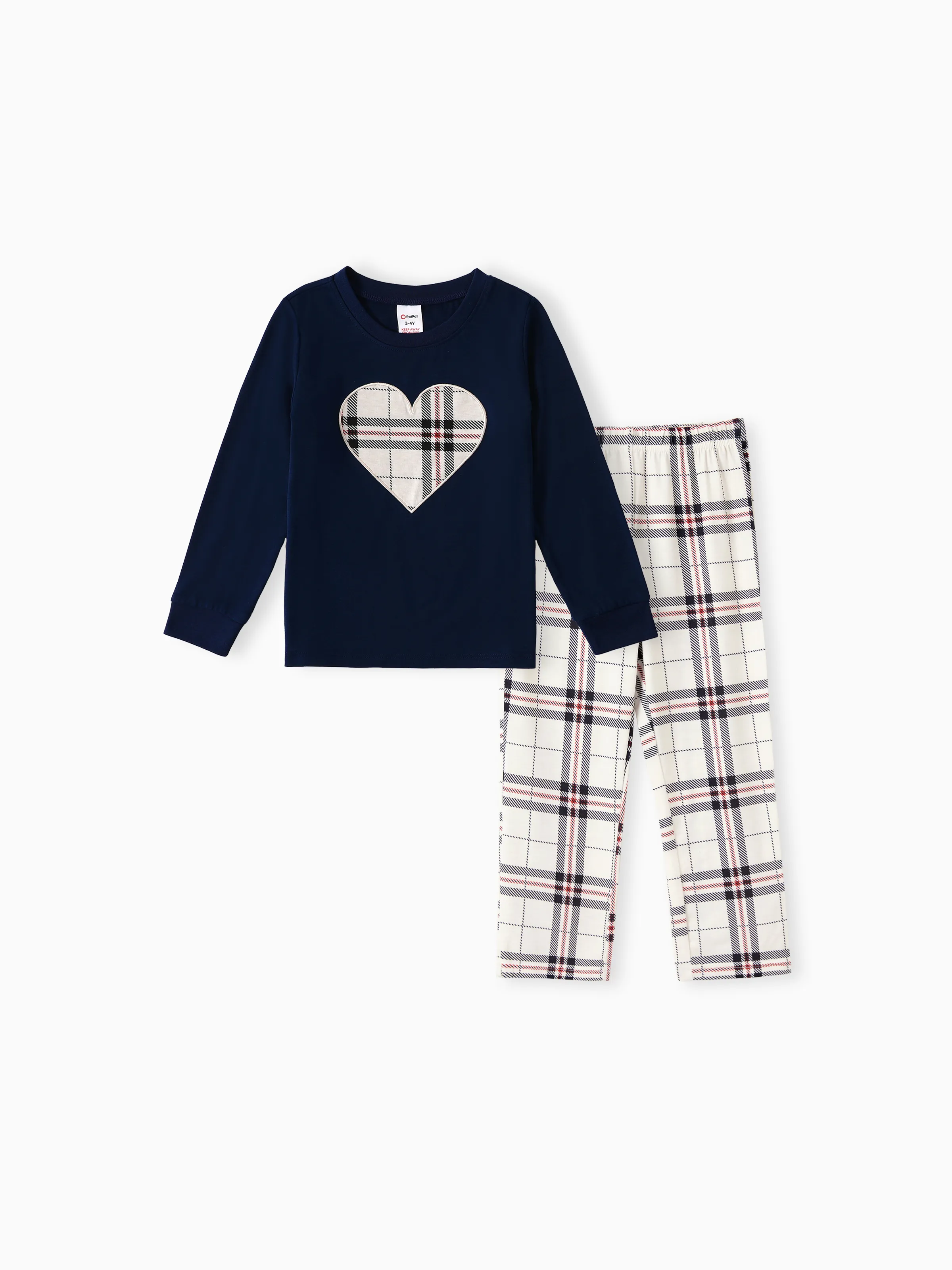 Family Matching School Grid Letter Print Patch Long Sleeve Pajamas Sets Blue - Image 11
