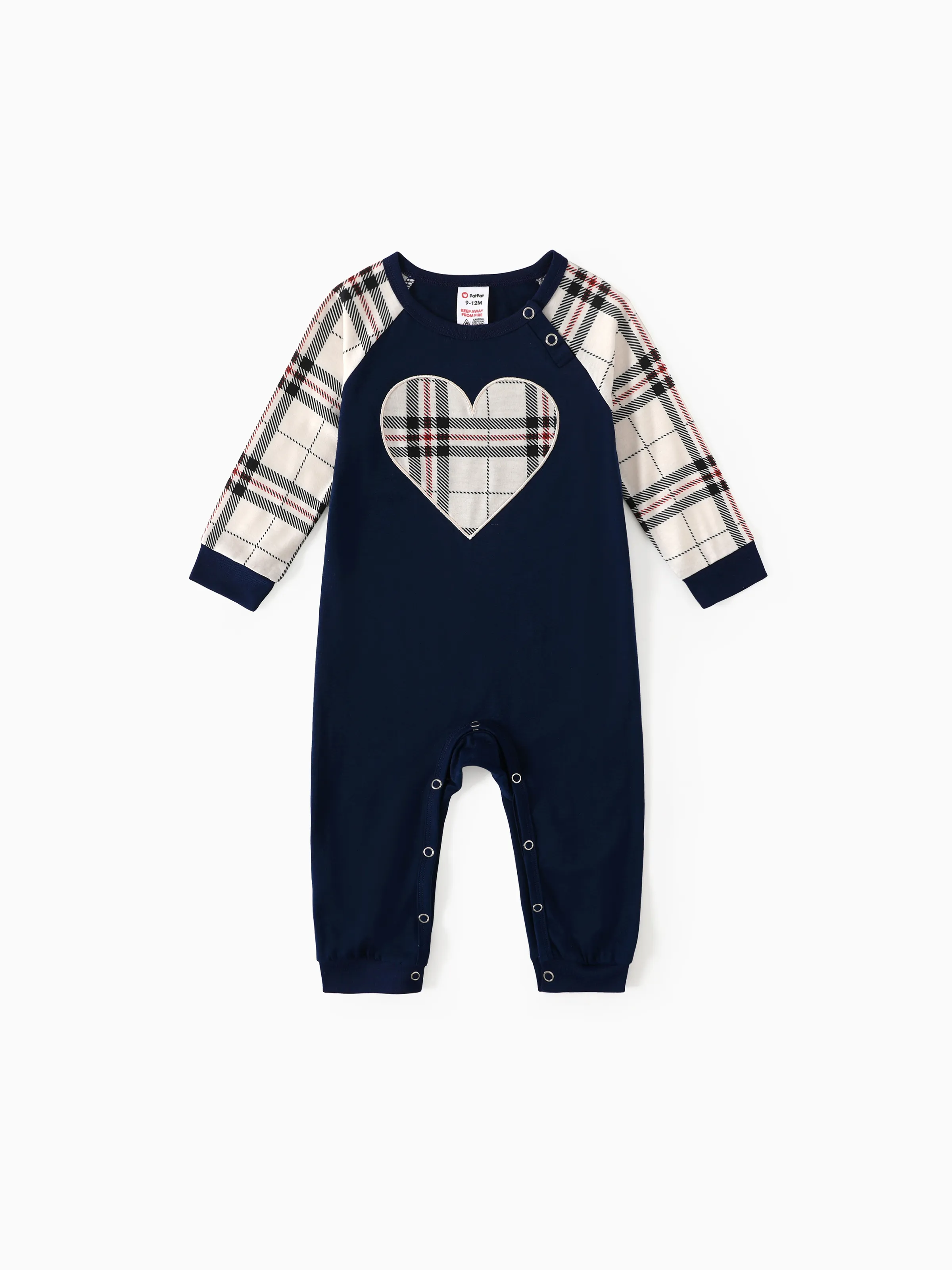 Family Matching School Grid Letter Print Patch Long Sleeve Pajamas Sets Blue - Image 12