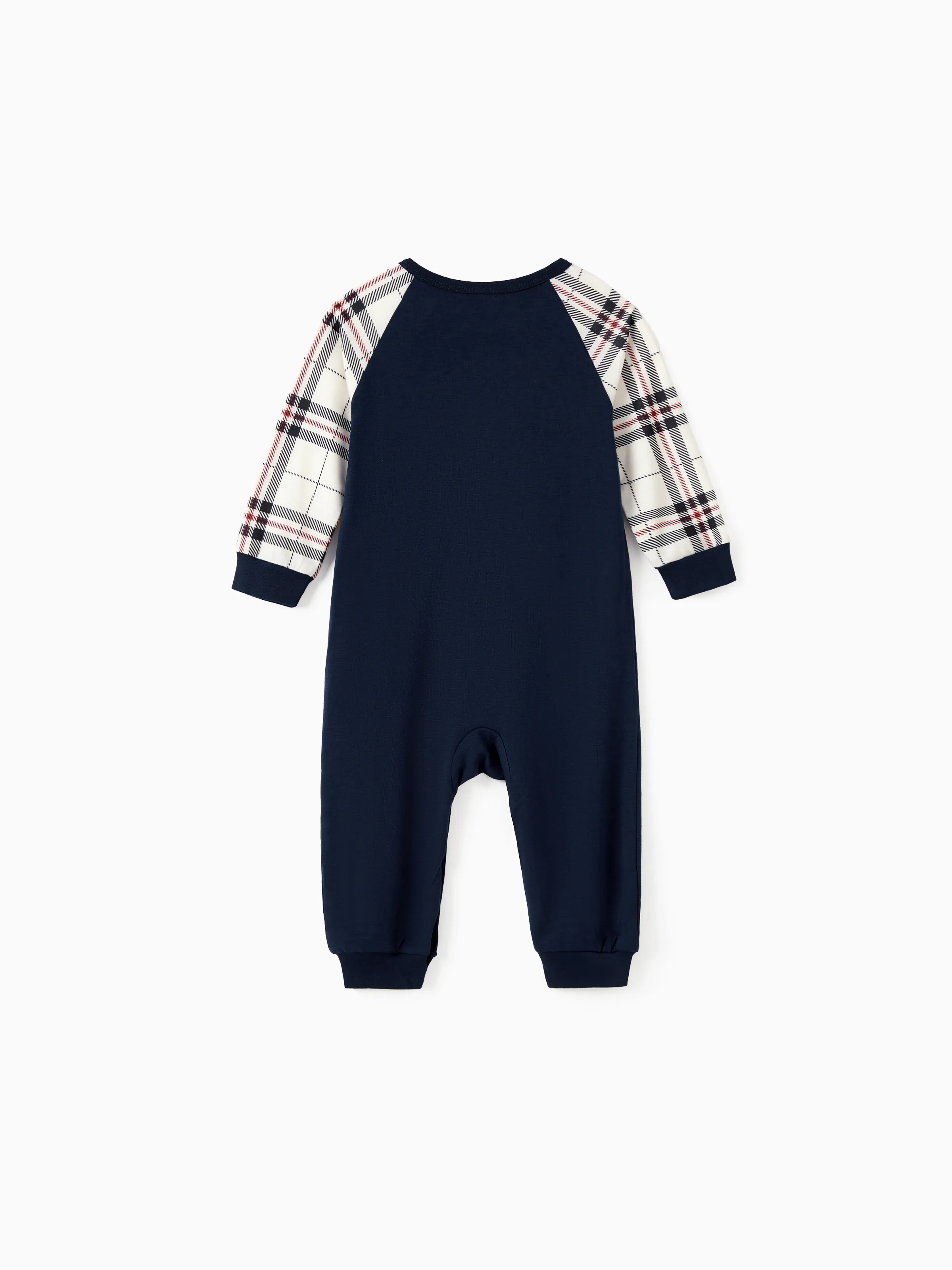 Family Matching School Grid Letter Print Patch Long Sleeve Pajamas Sets Blue - Image 13