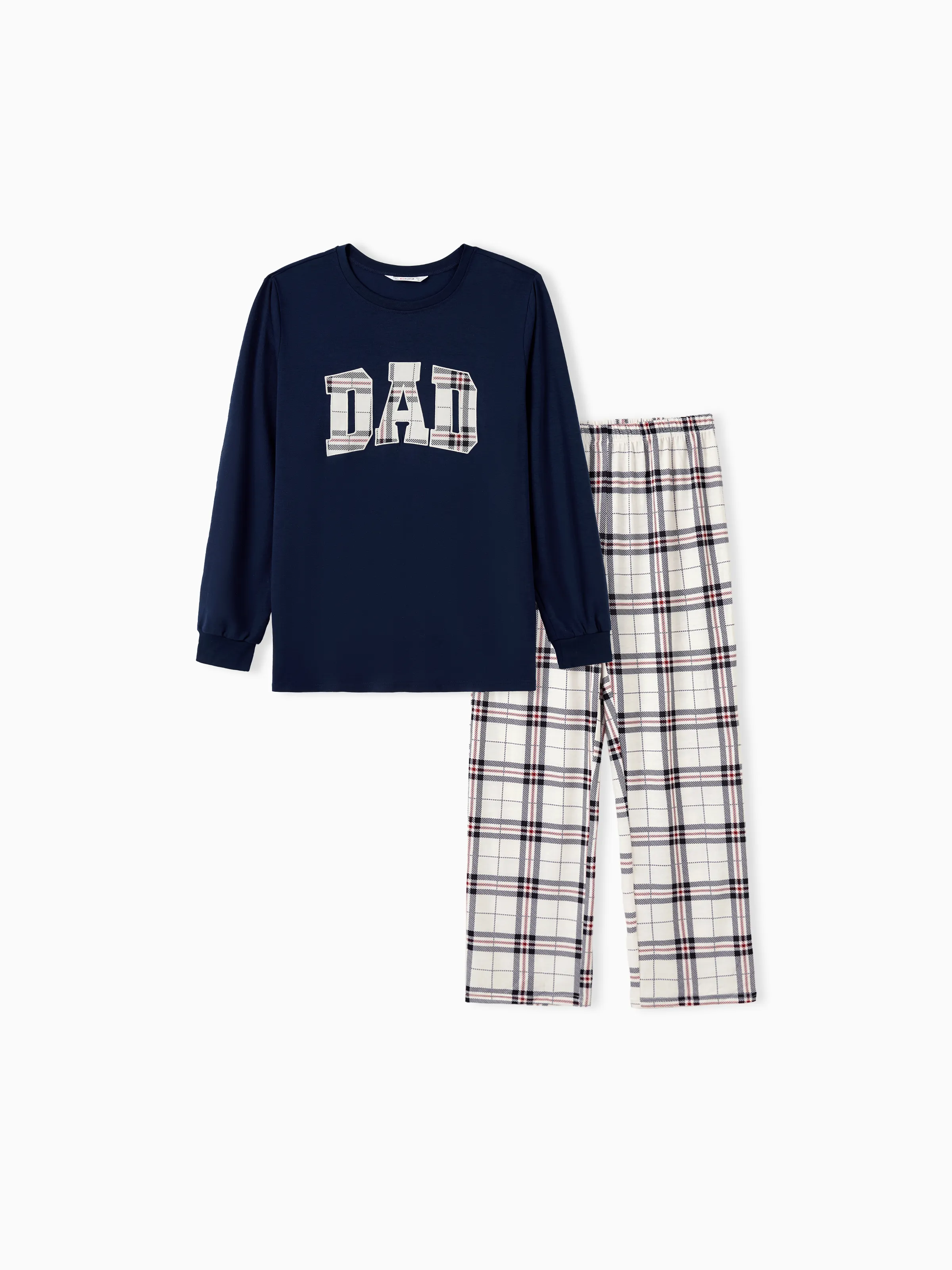 Family Matching School Grid Letter Print Patch Long Sleeve Pajamas Sets Blue - Image 19