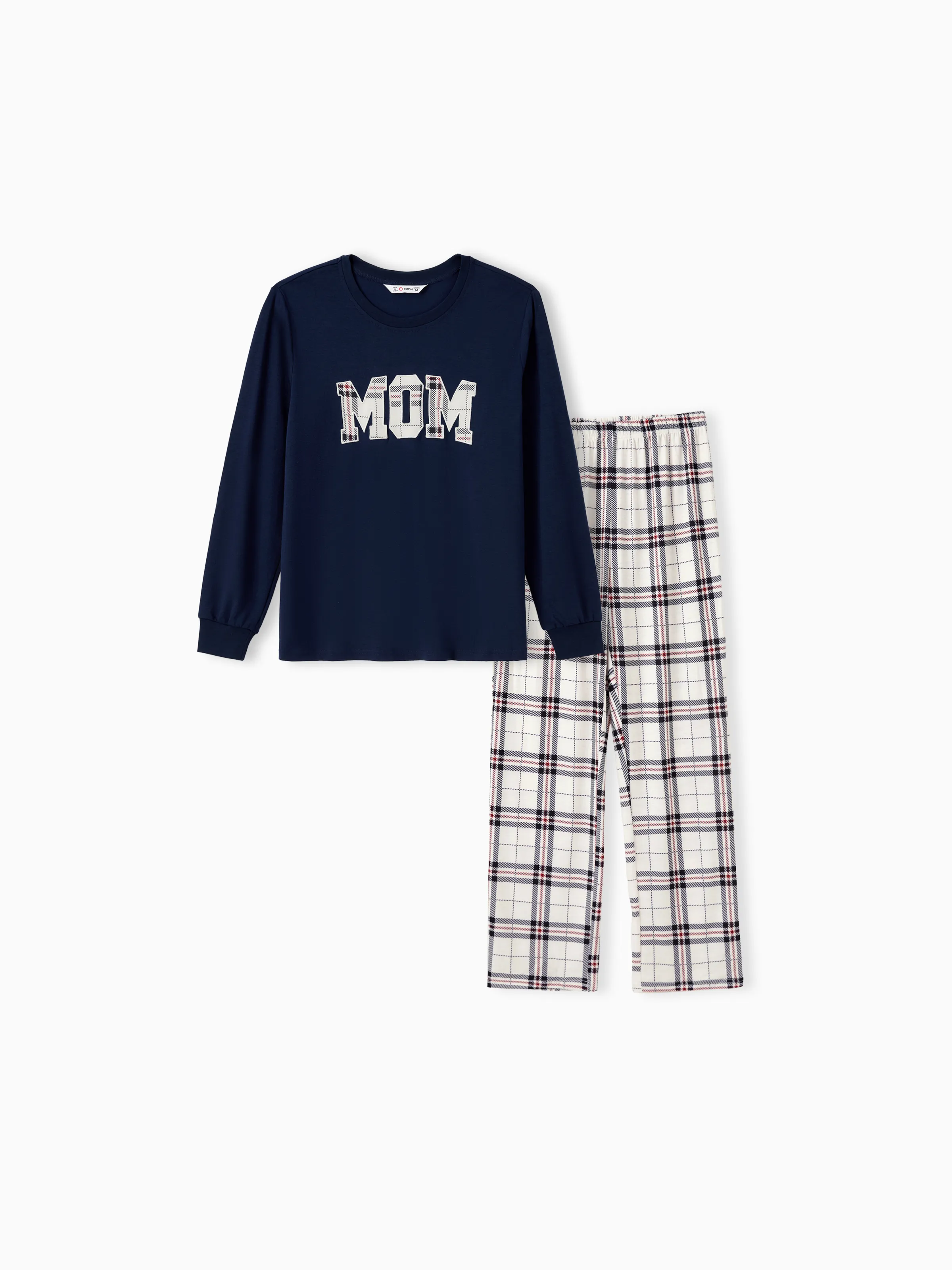 Family Matching School Grid Letter Print Patch Long Sleeve Pajamas Sets Blue - Image 4