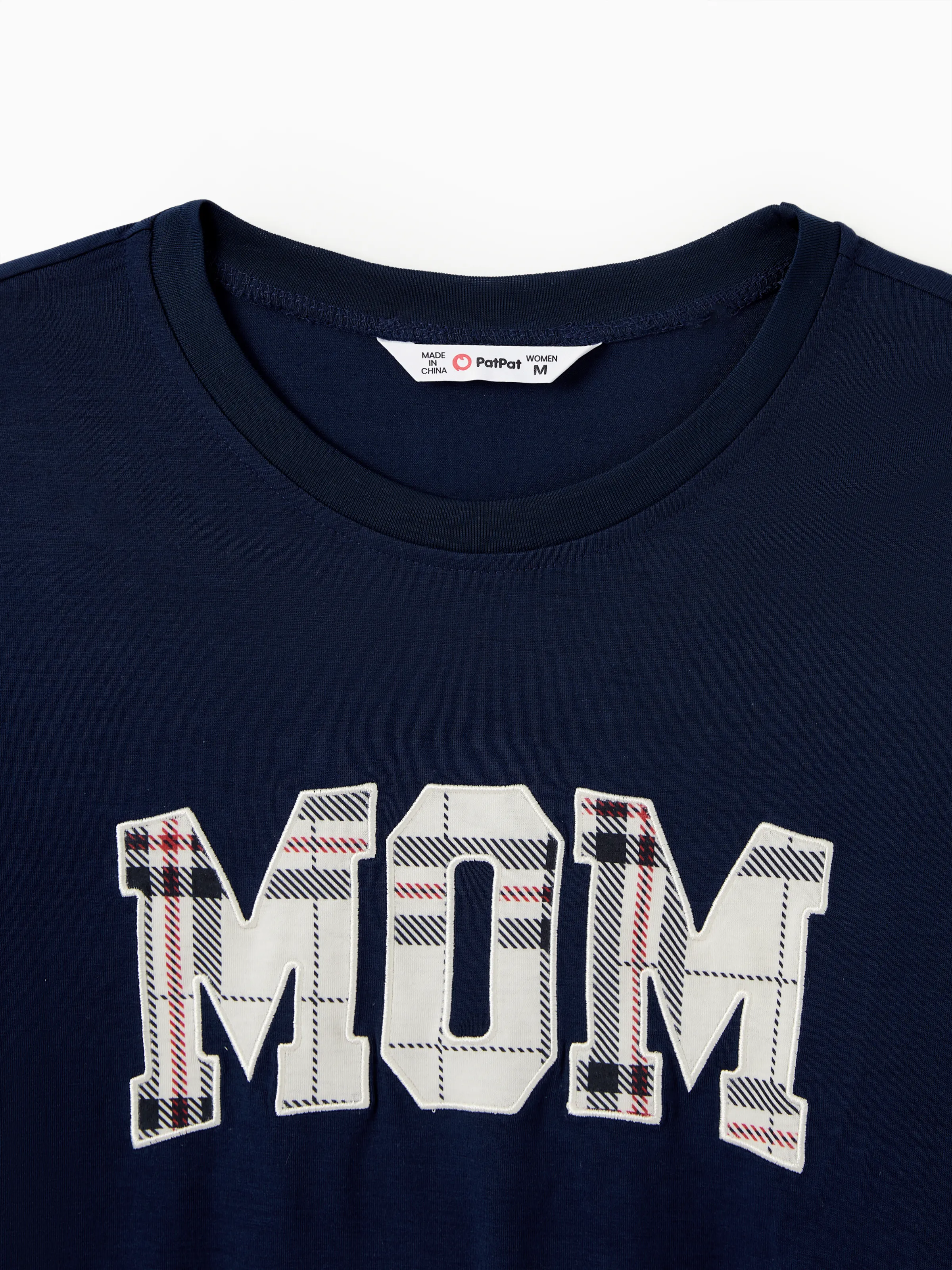 Family Matching School Grid Letter Print Patch Long Sleeve Pajamas Sets Blue - Image 6