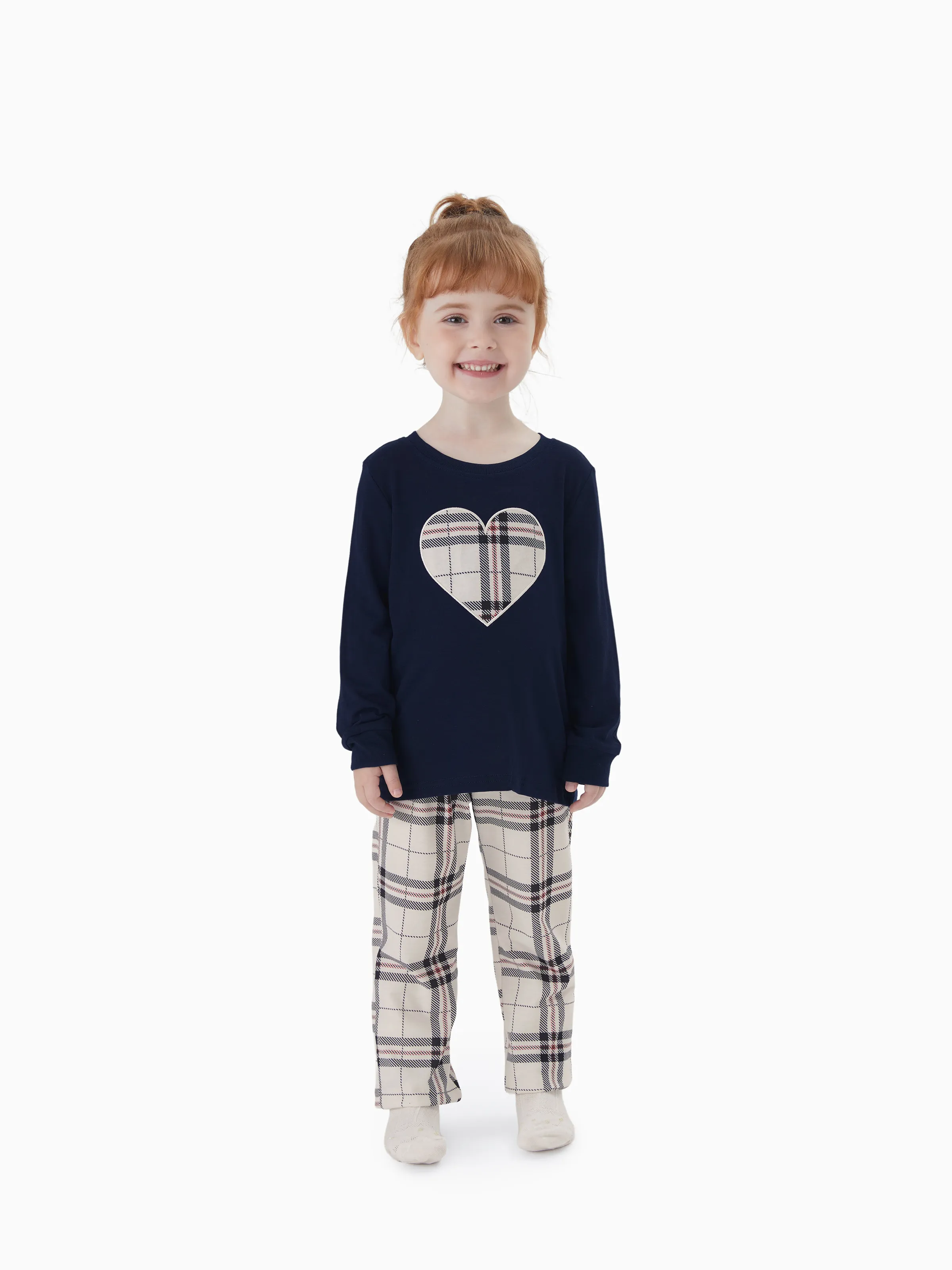 Family Matching School Grid Letter Print Patch Long Sleeve Pajamas Sets Blue - Image 7