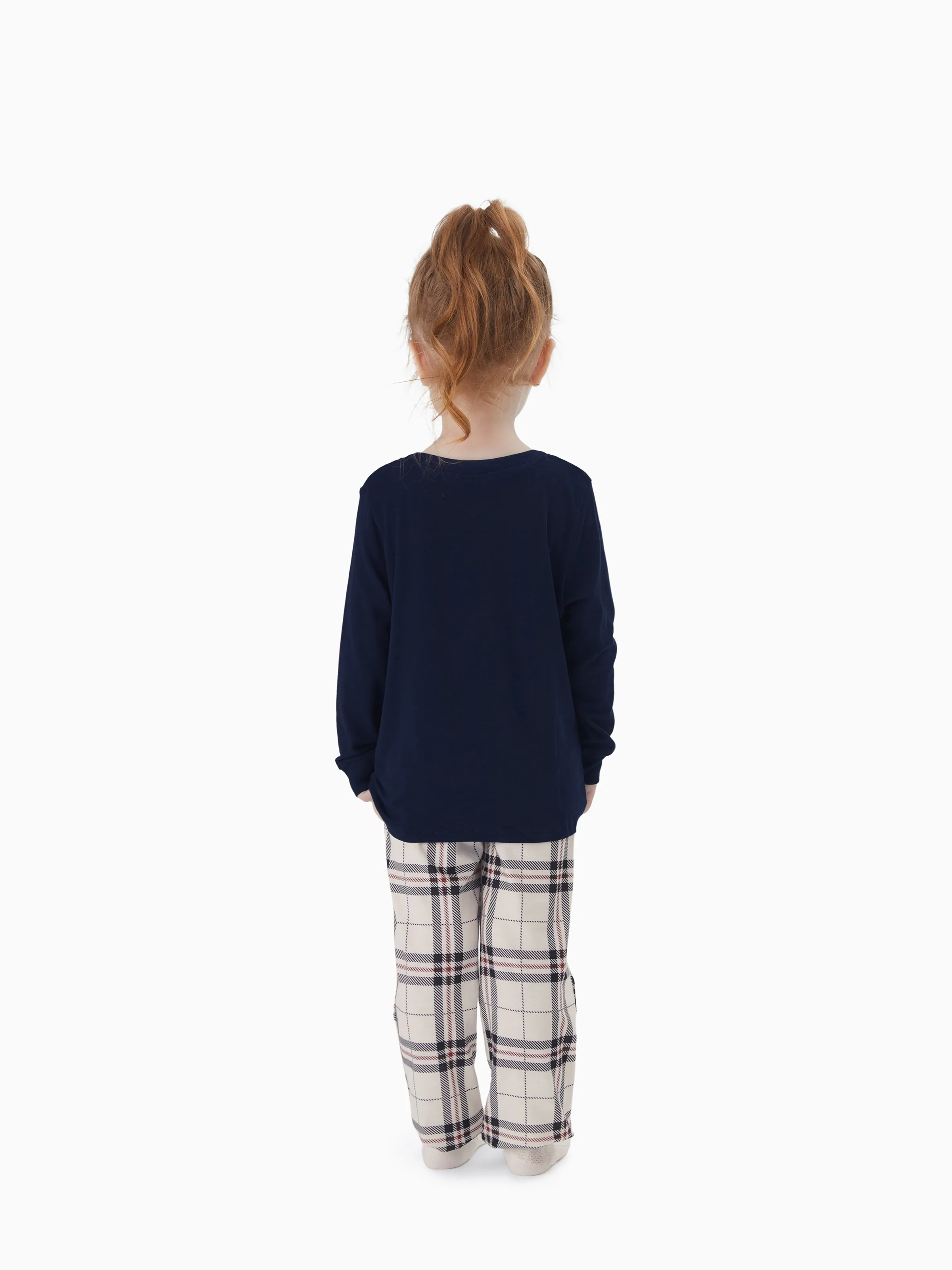 Family Matching School Grid Letter Print Patch Long Sleeve Pajamas Sets Blue - Image 8