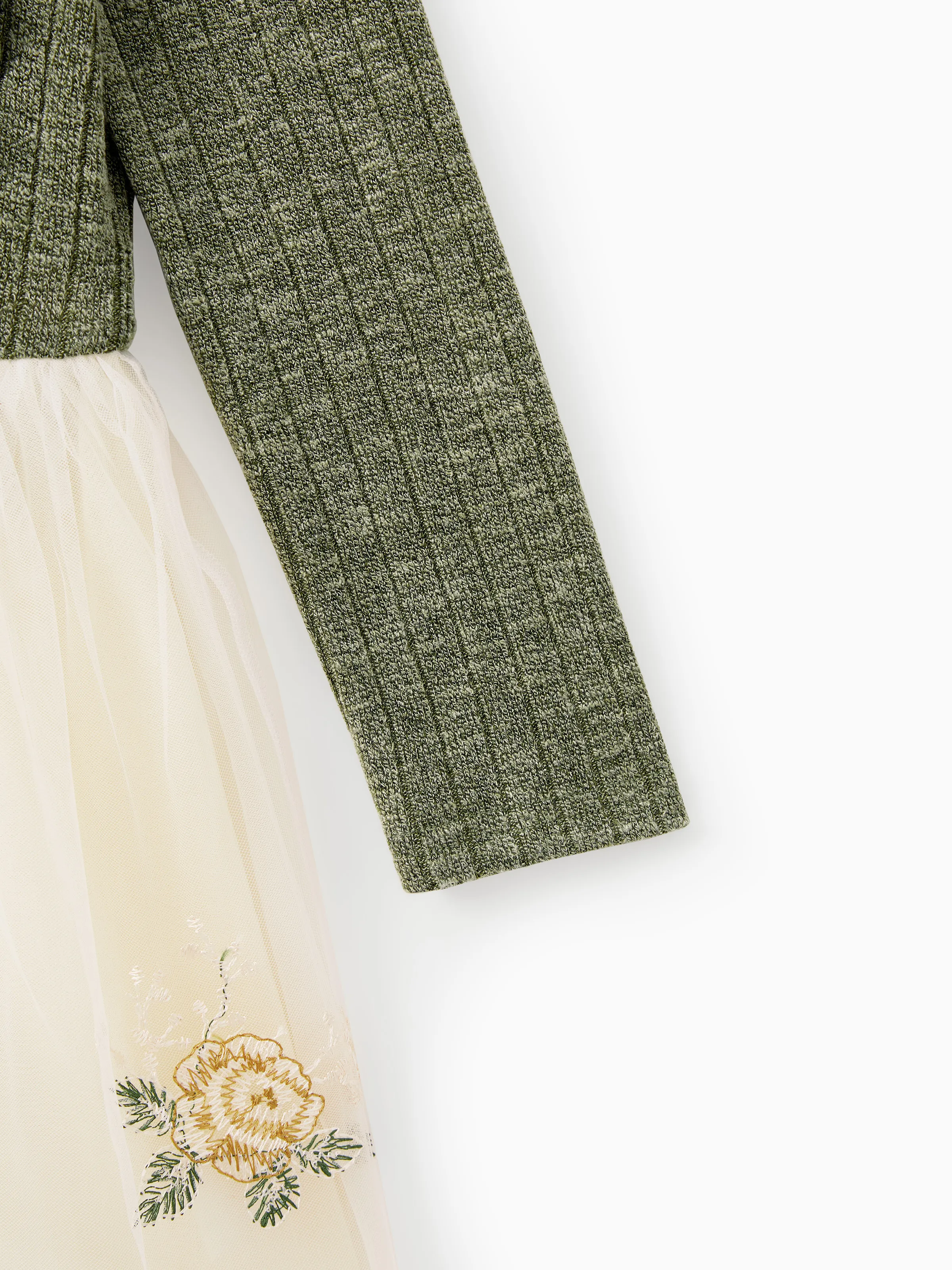 Family Matching Sets Green Long Sleeves Shirt or Ribbed Off-Shoulder Embroidered Tulle Dress Green - Image 10