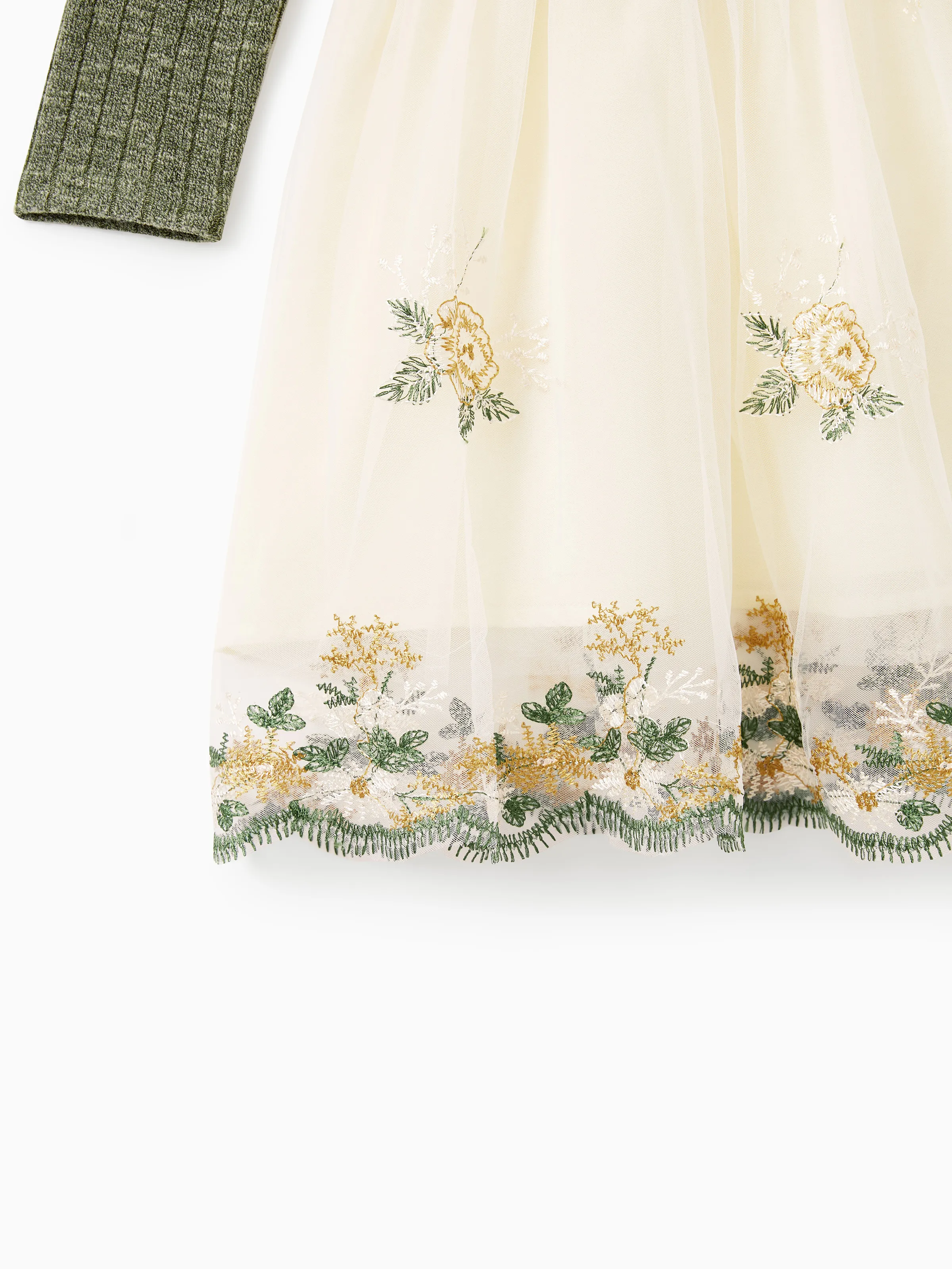 Family Matching Sets Green Long Sleeves Shirt or Ribbed Off-Shoulder Embroidered Tulle Dress Green - Image 11