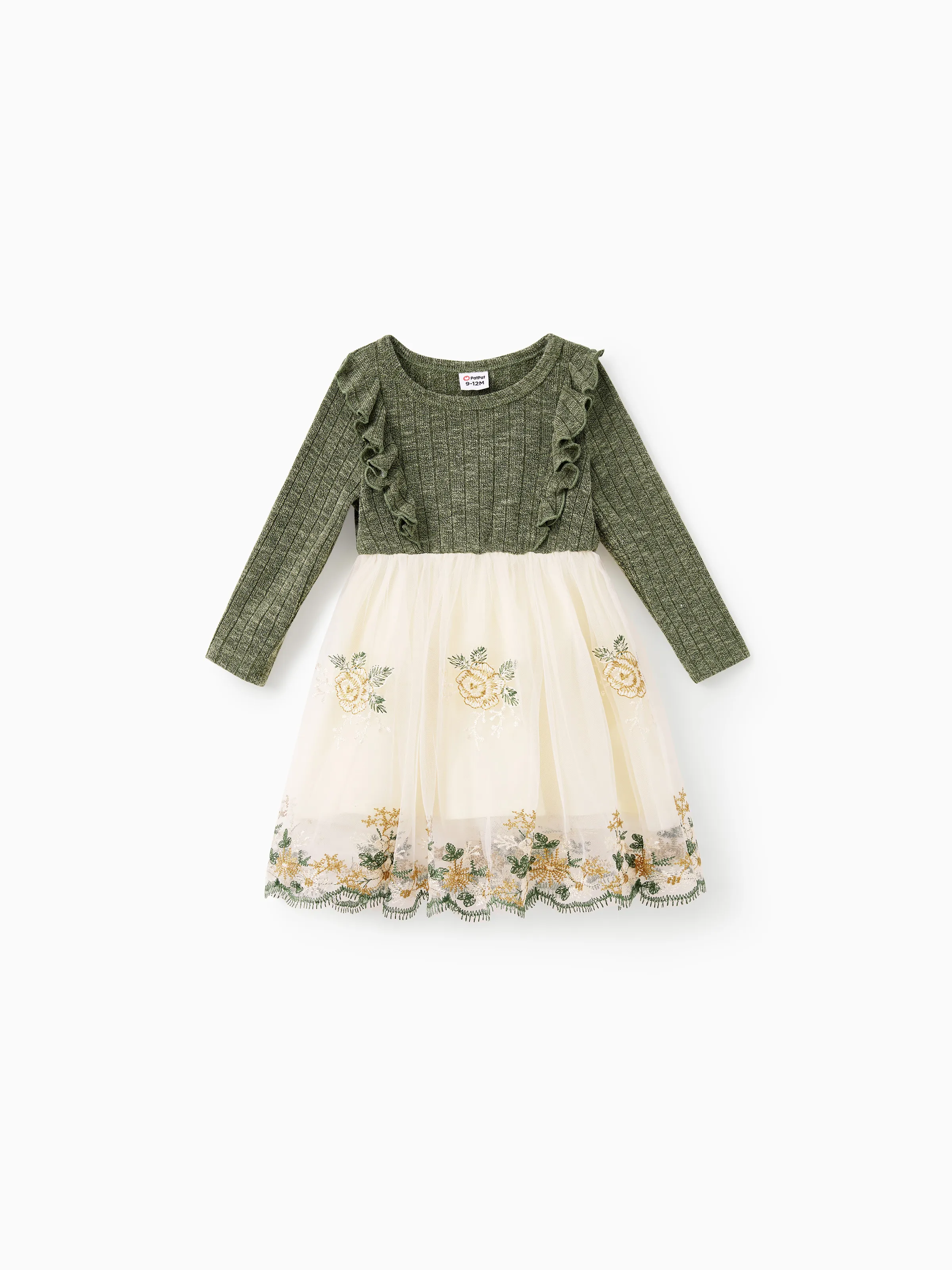 Family Matching Sets Green Long Sleeves Shirt or Ribbed Off-Shoulder Embroidered Tulle Dress Green - Image 12