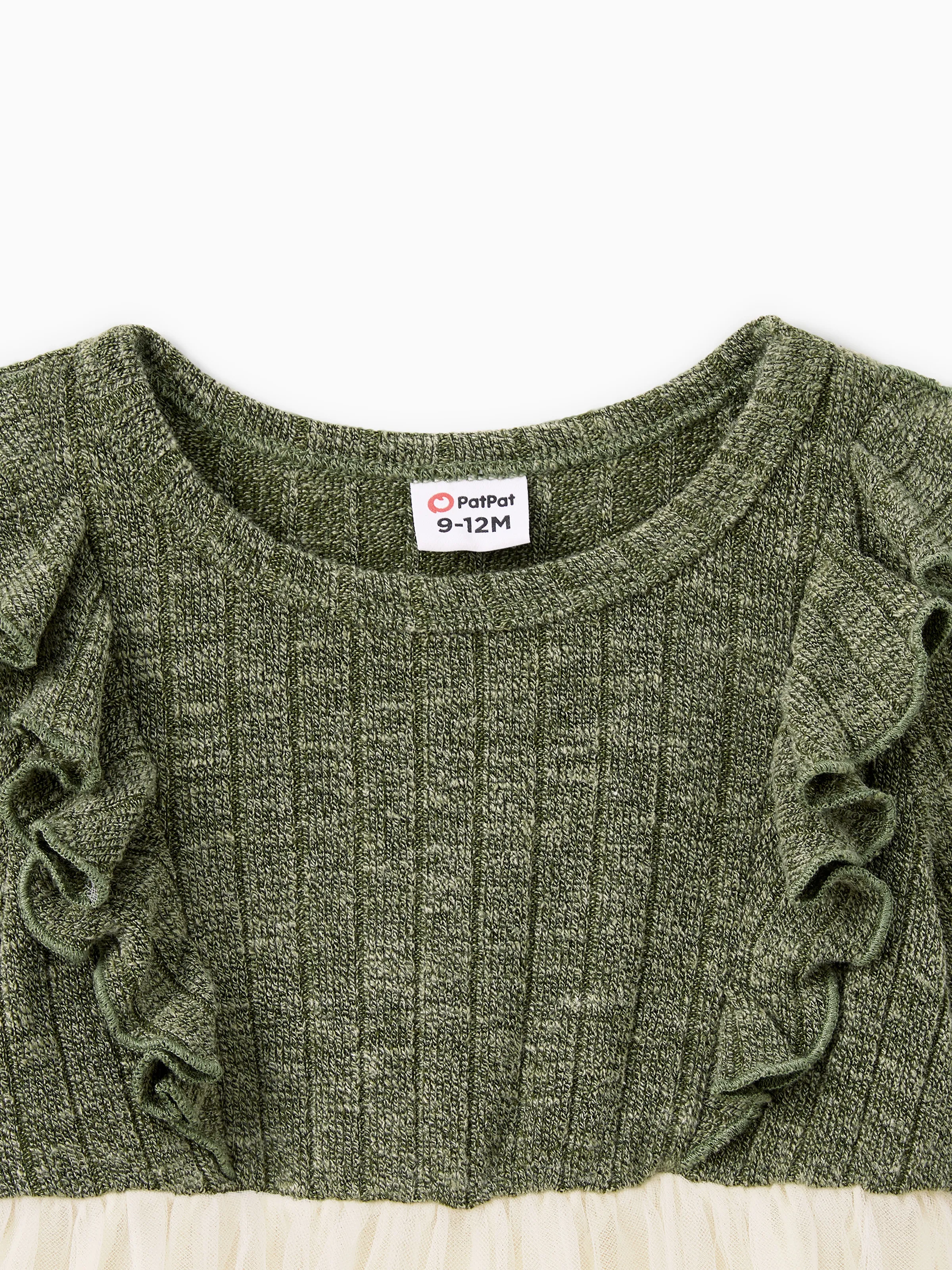 Family Matching Sets Green Long Sleeves Shirt or Ribbed Off-Shoulder Embroidered Tulle Dress Green - Image 14